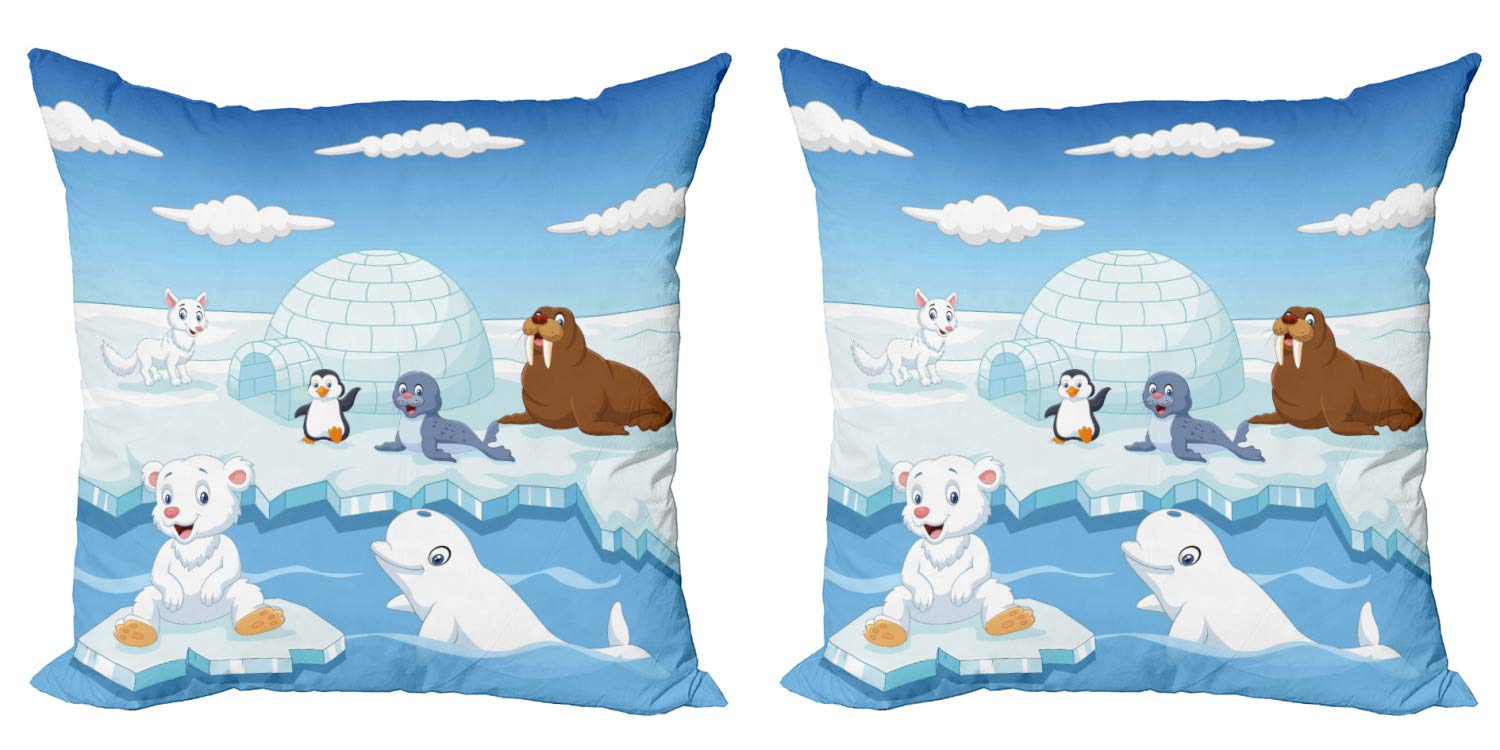 Ambesonne Arctic Animals Decorative Throw Pillow Covers Set of 2 - Polar Bears, Seals, Penguins, Wolves & Whales Artwork - 16 Inch Square Cushion Covers for Sofa, Bed & Living Room - Sky Blue & White Home Decor | Perfect for Cozy Winter Nights & Nature-Themed Interior Design