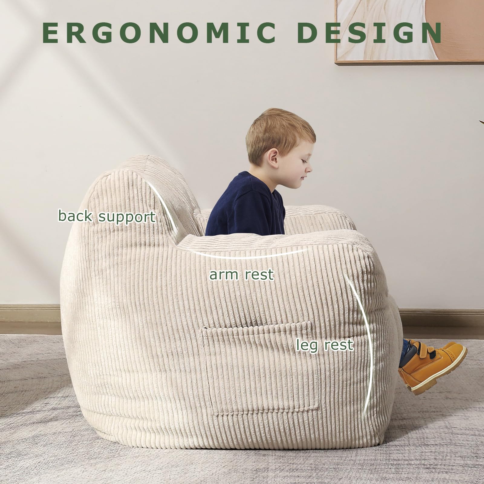 HIGOGOGO Bean Bag Chair Sofa - Extra Large Comfy Lazy Chair with Pocket Armrests for Living Room, Bedroom, Gaming & Reading - Soft Beige Fabric for Ultimate Relaxation | Perfect for College Dorms, Home Theater & Kids Playroom