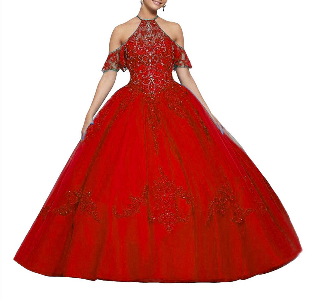 Emanni Women's Off-The-Shoulder Quinceañera Dress with Lace Appliques - Elegant Prom Pageant Ball Gown for Sweet 16, Homecoming, and Formal Events (Red)