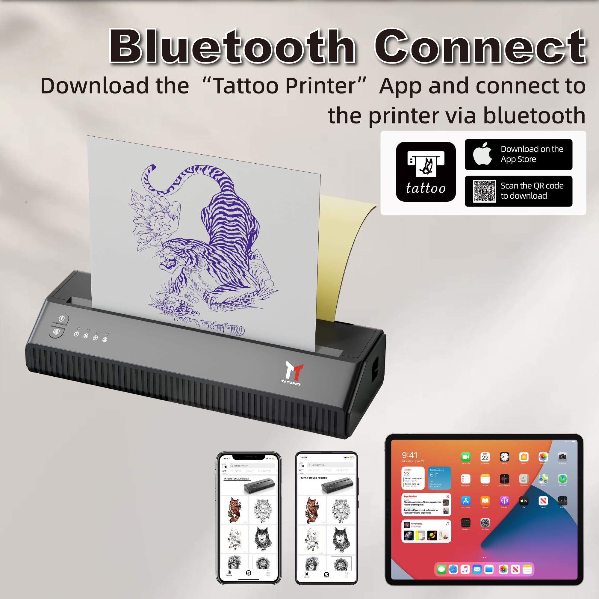 Wireless Bluetooth Tattoo Stencil Printer Machine - Portable Thermal Transfer Copier for Tattoo Artists, 2500mAh Rechargeable with 10pcs Stencil Paper, Compatible with Phone & PC - Perfect for Tattoo Studio, Home Practice and Professional Tattooing