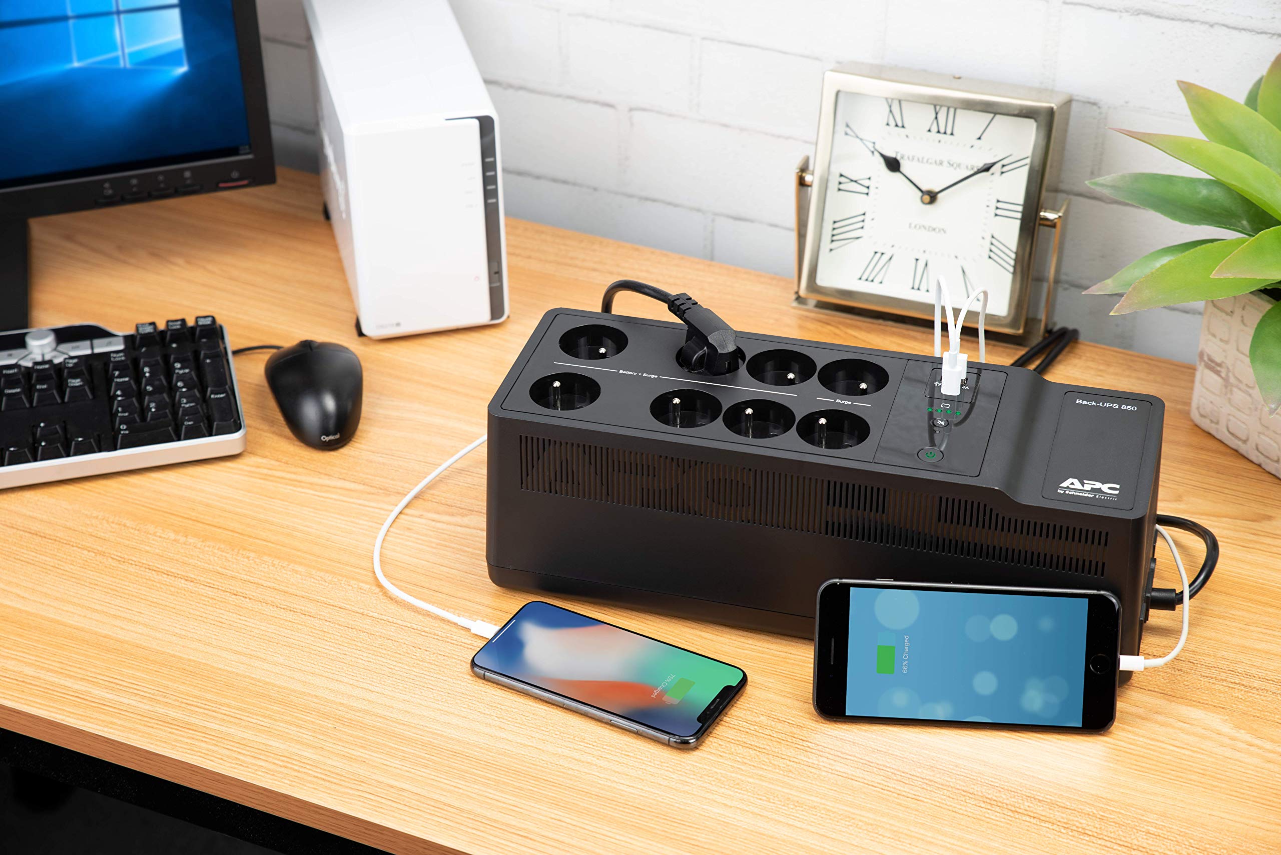 APC Back-UPS ES 850VA Battery Backup (BE850G2-SP) with 8 Schuko Outlets, USB-A & USB-C Charging Ports - Power Protection for Home Office, Gaming PC & Network Equipment