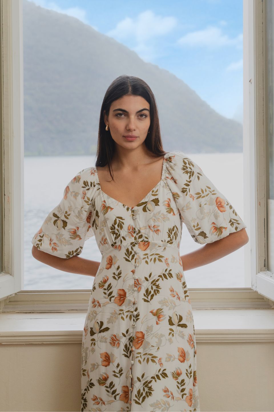 Elegant Ivory Floral Short Sleeve Button Front Midi Dress for Women | Summer Wedding Guest Dress & Garden Party Outfit