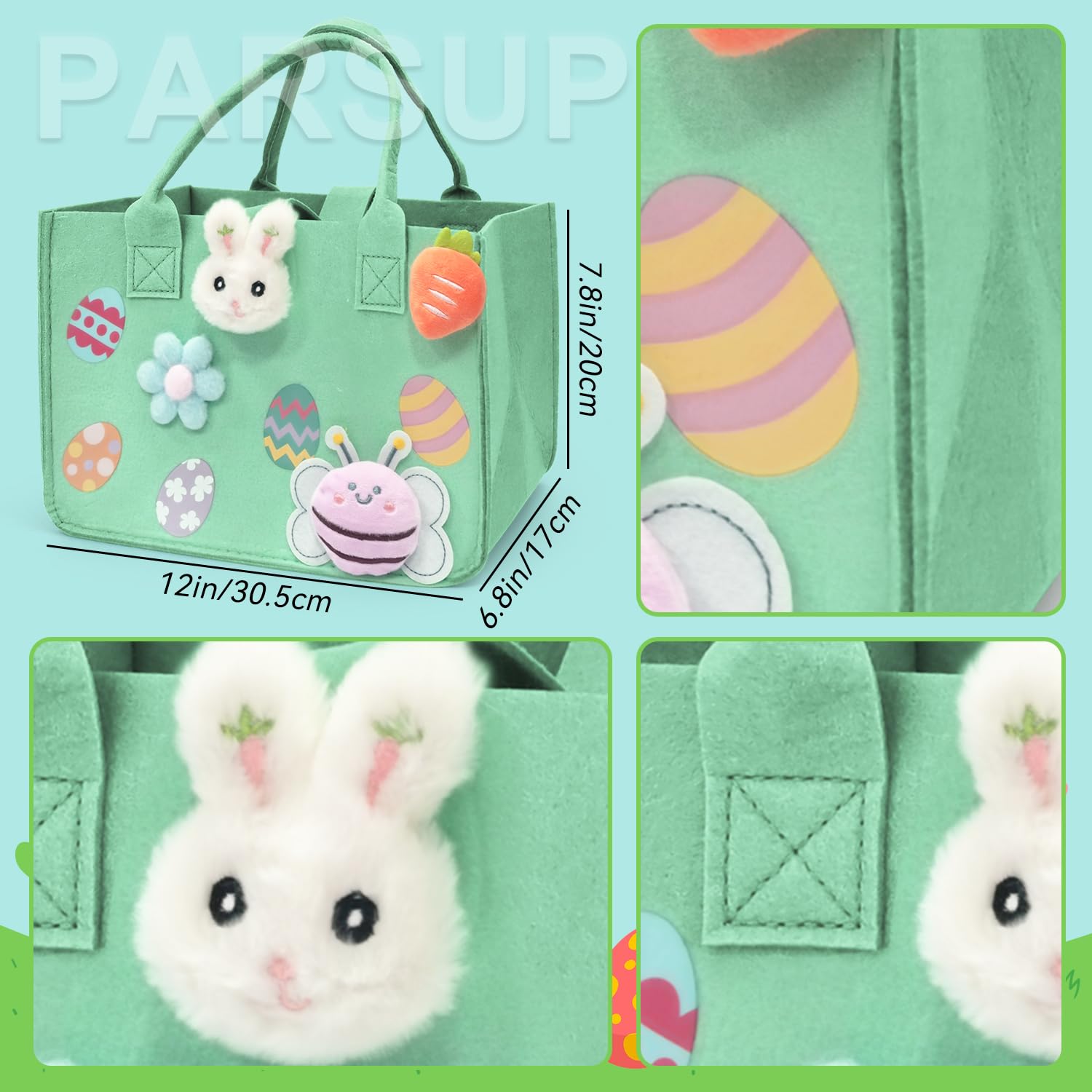 PARSUP 2PCS Easter Egg Hunt Bags with Handles - Happy Easter Bunny Gift Bags for Treats, Felt Easter Party Supplies for Egg Hunt Games & Gift Wrapping, 12