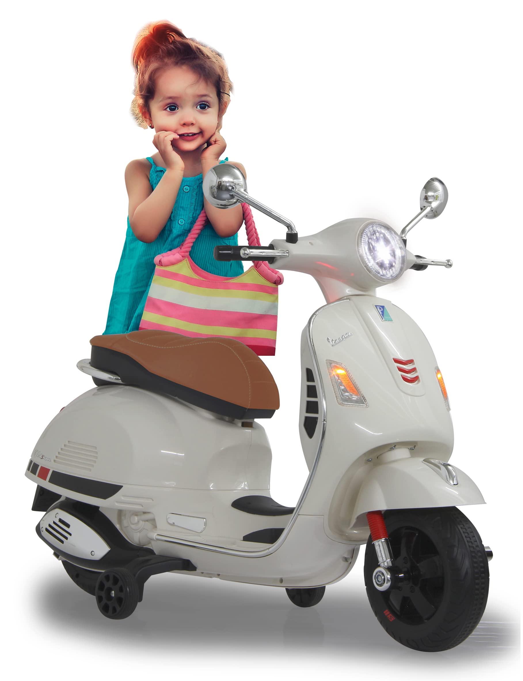 Jamara 460346 - 12V Kids Ride-On Vespa Scooter with Powerful 500mA Battery, LED Headlight, SD/AUX/USB Ports & Ultra-Grip Wheels – Perfect for Indoor & Outdoor Play, Birthday Gifts for Boys & Girls Ages 3-8