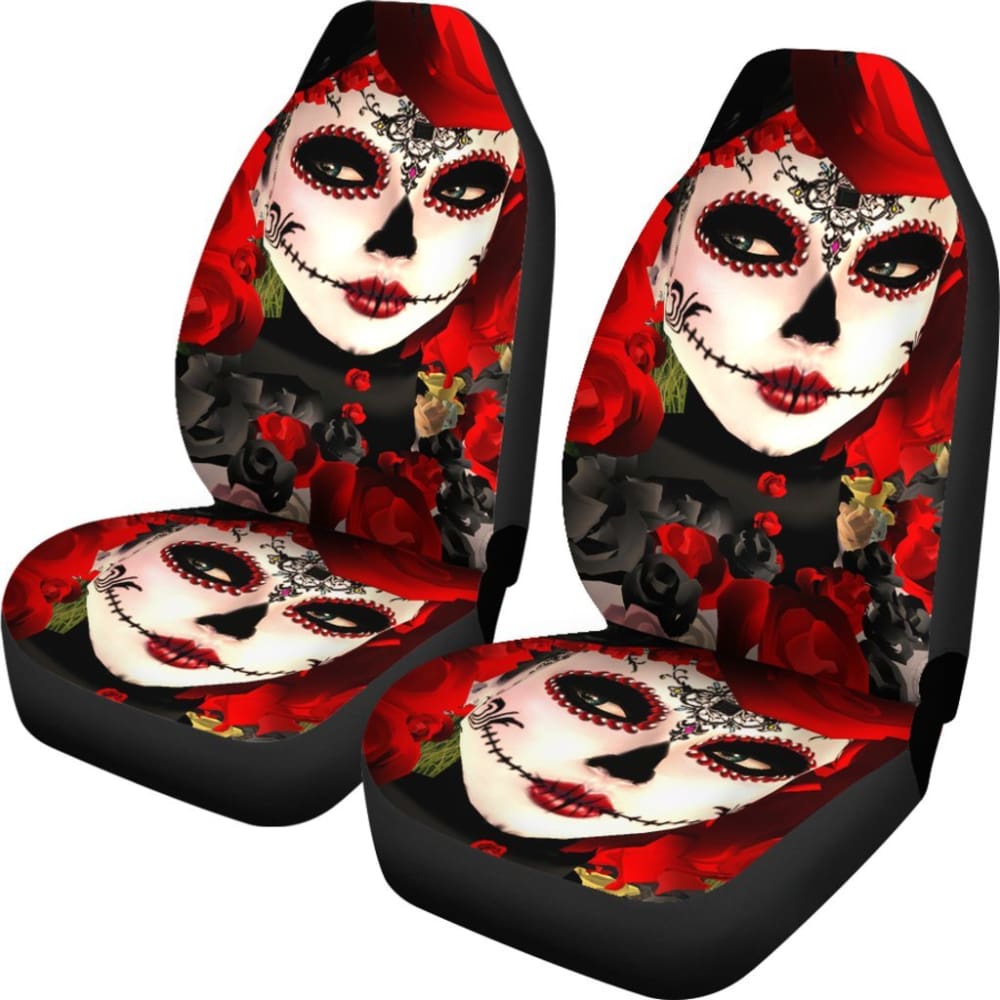 2 Pcs Sugar Skull Girl Car Seat Covers - Gothic Mexican Day of the Dead Design, Universal Fit for Most Vehicles, Soft & Durable - Perfect for Halloween, Dia de los Muertos, and Unique Car Decor