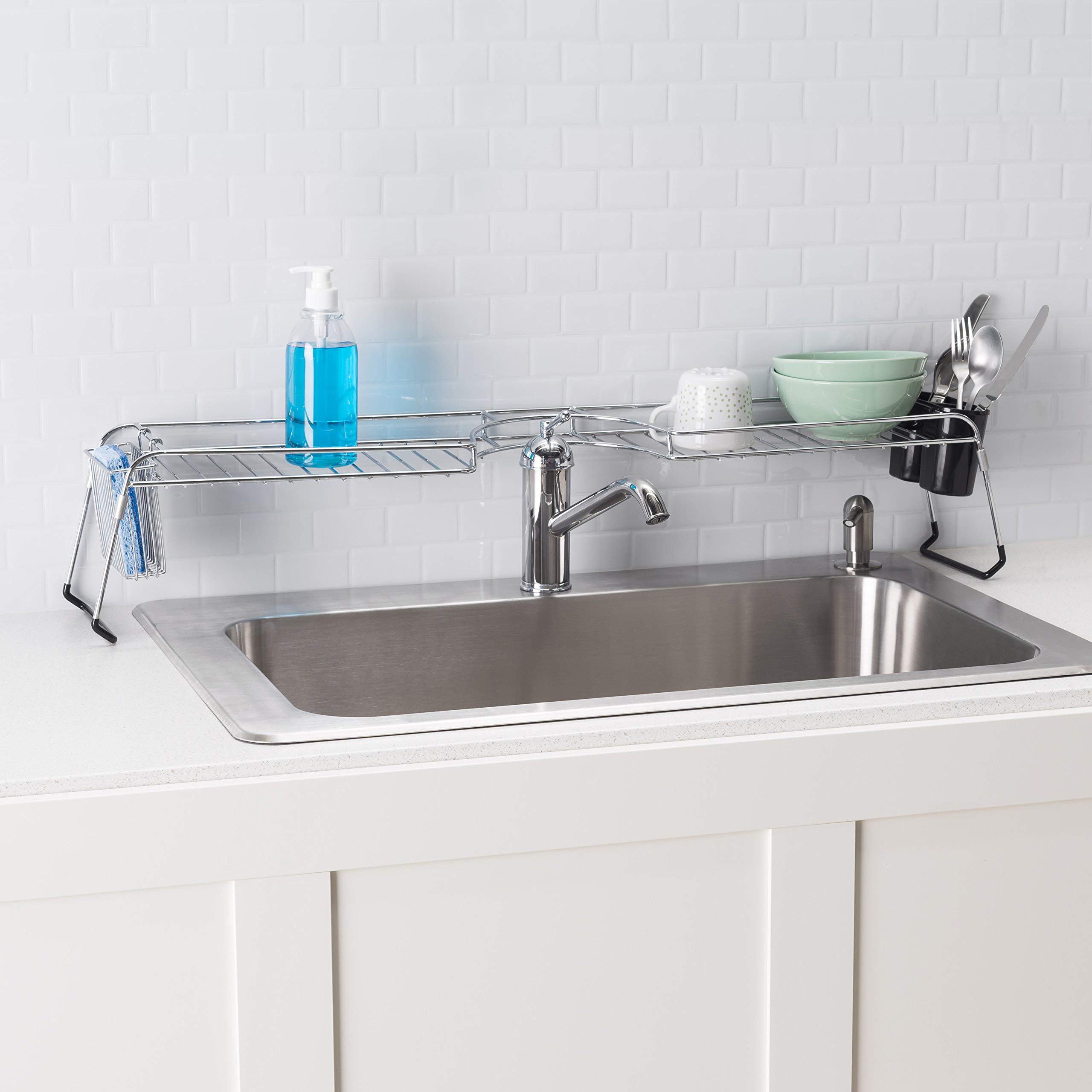 Stainless Steel Over Sink Shelf Organizer - Chrome Kitchen Sink Storage for Soap, Sponges, Scrubbers & Utensils | Space-Saving Countertop Solution for Small Kitchens & Apartments