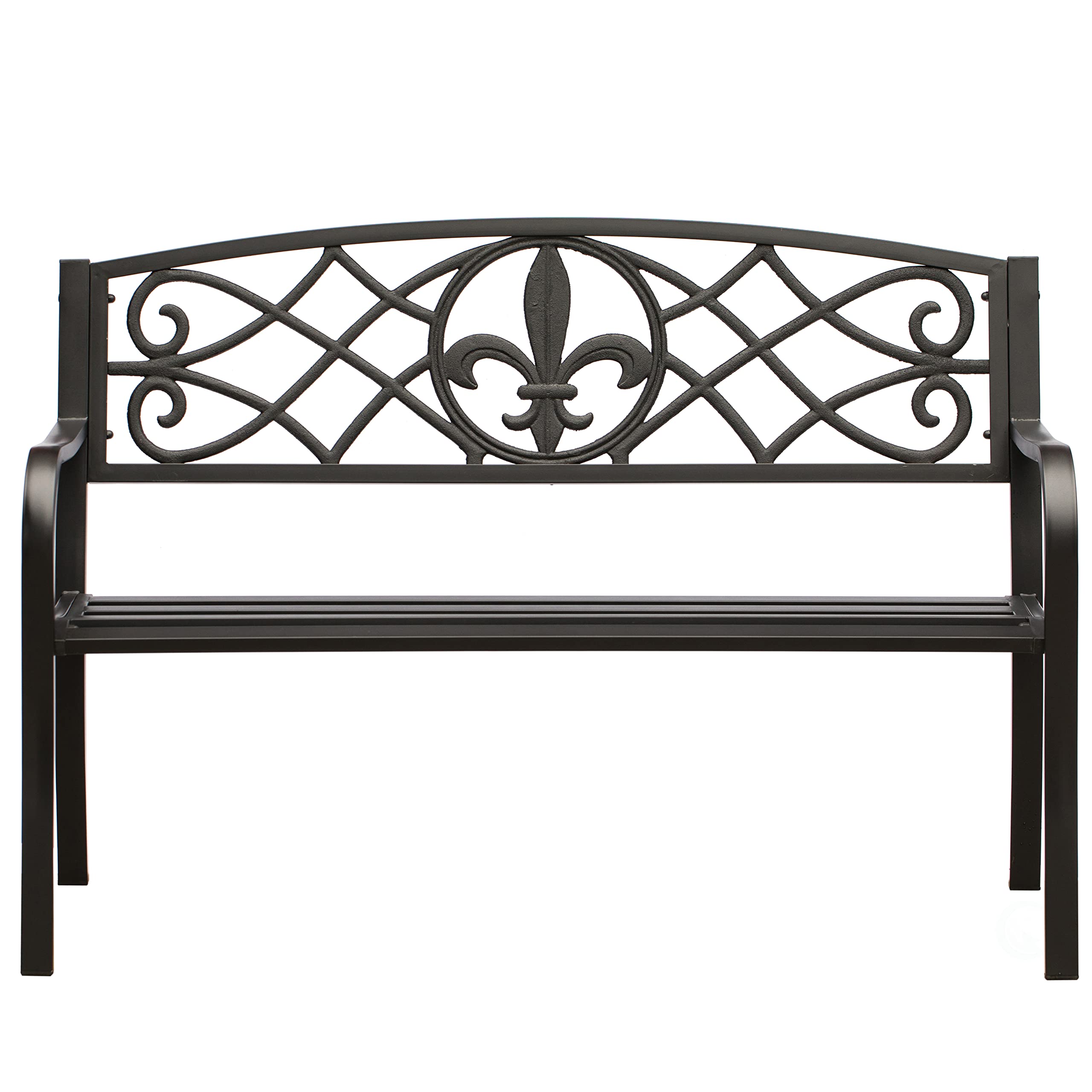 Outdoor Steel Park Bench with Cast Iron Back - Heavy Duty Garden Patio Bench for Yard, Balcony, Deck | Durable Black Seating Bench for Outdoor Relaxation, Park Decor & Backyard Lounging