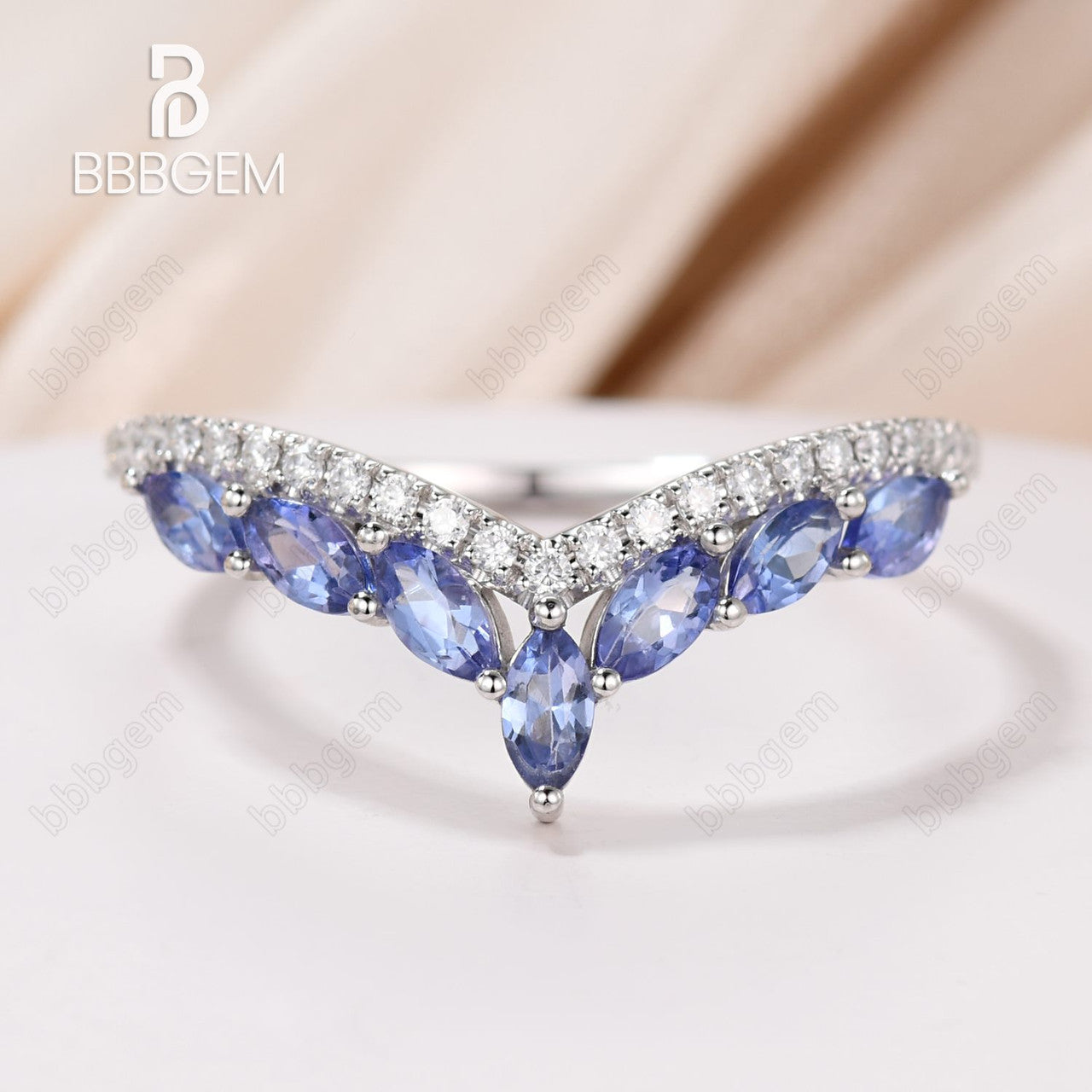 White Gold V-Shaped Chevron Band with Marquise Tanzanite & Moissanite Pave - Stackable Wedding Ring for Women, Perfect for Bridal Sets, Anniversary Gifts & Everyday Elegance