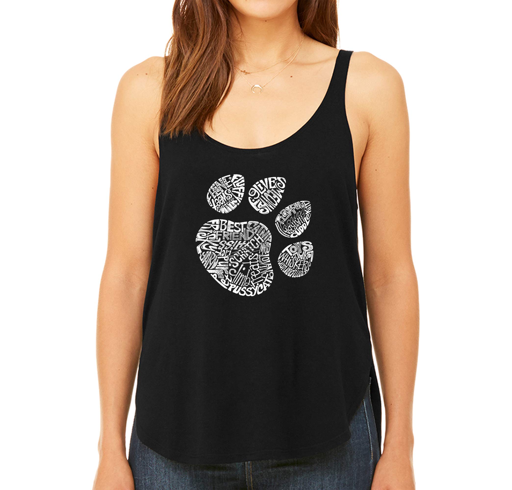 LA POP ART Women's Premium Word Art Flowy Tank Top with Cat Paw Design - Soft & Comfortable Summer Casual Wear for Women