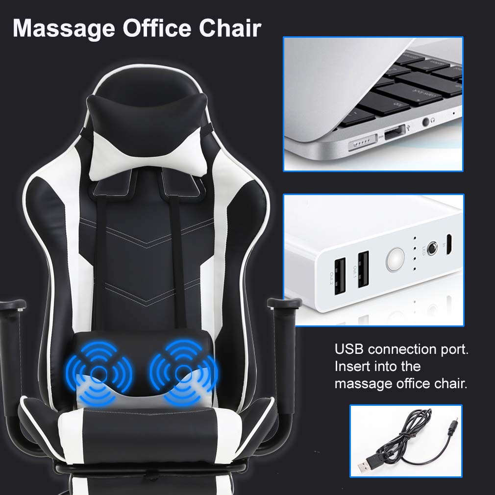 Ergonomic Gaming Chair with Lumbar Support - PU Leather PC & Office Chair, Adjustable Recliner with Massage Function, Swivel Rolling Task Chair for Adults (White) - Perfect for Home Office, Gaming Setup & Workstation Comfort