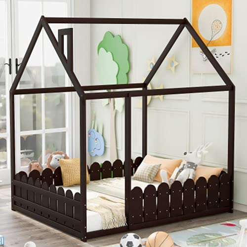 P PURLOVE Full Size Wooden House Bed Frame with Safety Fence - Playhouse Style Kids Bed for Boys & Girls, Teens & Toddlers - Perfect for Bedroom Decor, Imaginative Play & Sleepovers