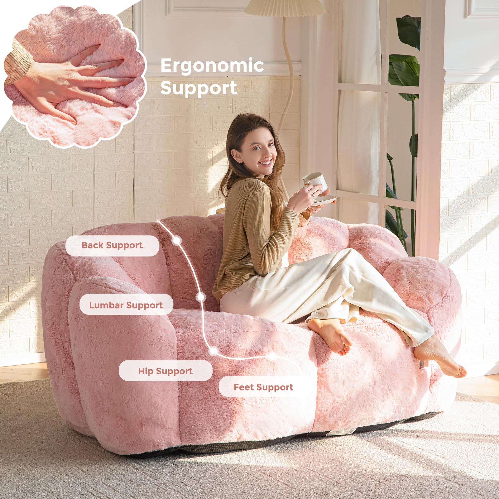 MAXYOYO Ultra Soft Faux Fur Bean Bag Chair - Double Size Loveseat with Floral Petal Back Design for Adults (Pink) | Perfect for Living Room, Bedroom, Dorm & Game Room Relaxation
