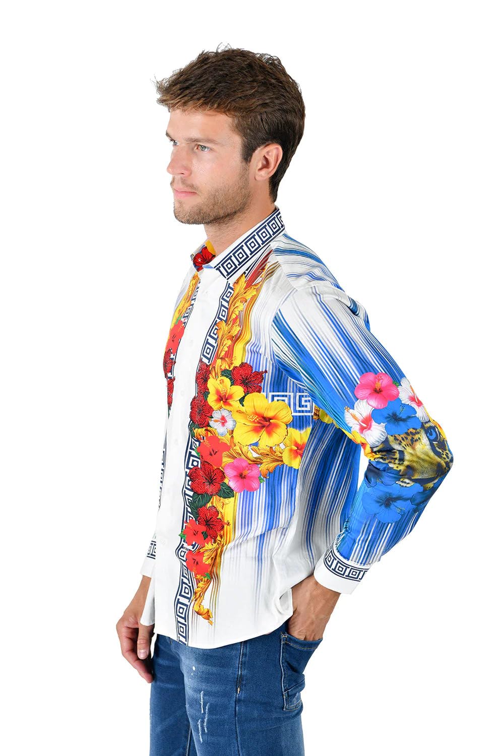 Barabas Men's Rhinestone Floral Tiger Greek Pattern Shirts - Stylish Casual Button Down Shirt for Party, Club & Night Out - SPR612