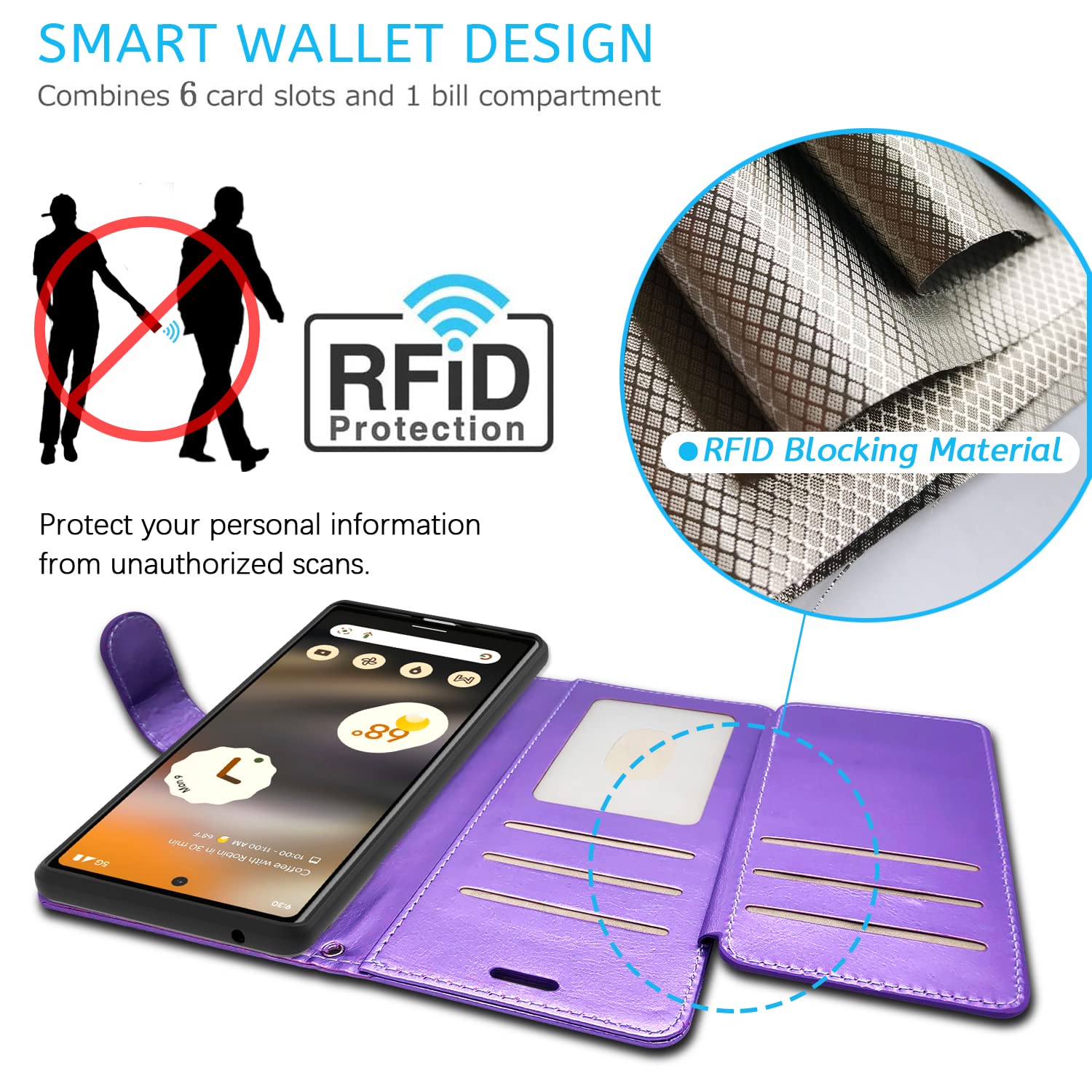 Google Pixel 6a Case with RFID Blocking - Purple PU Leather Wallet Cover for Daily Use