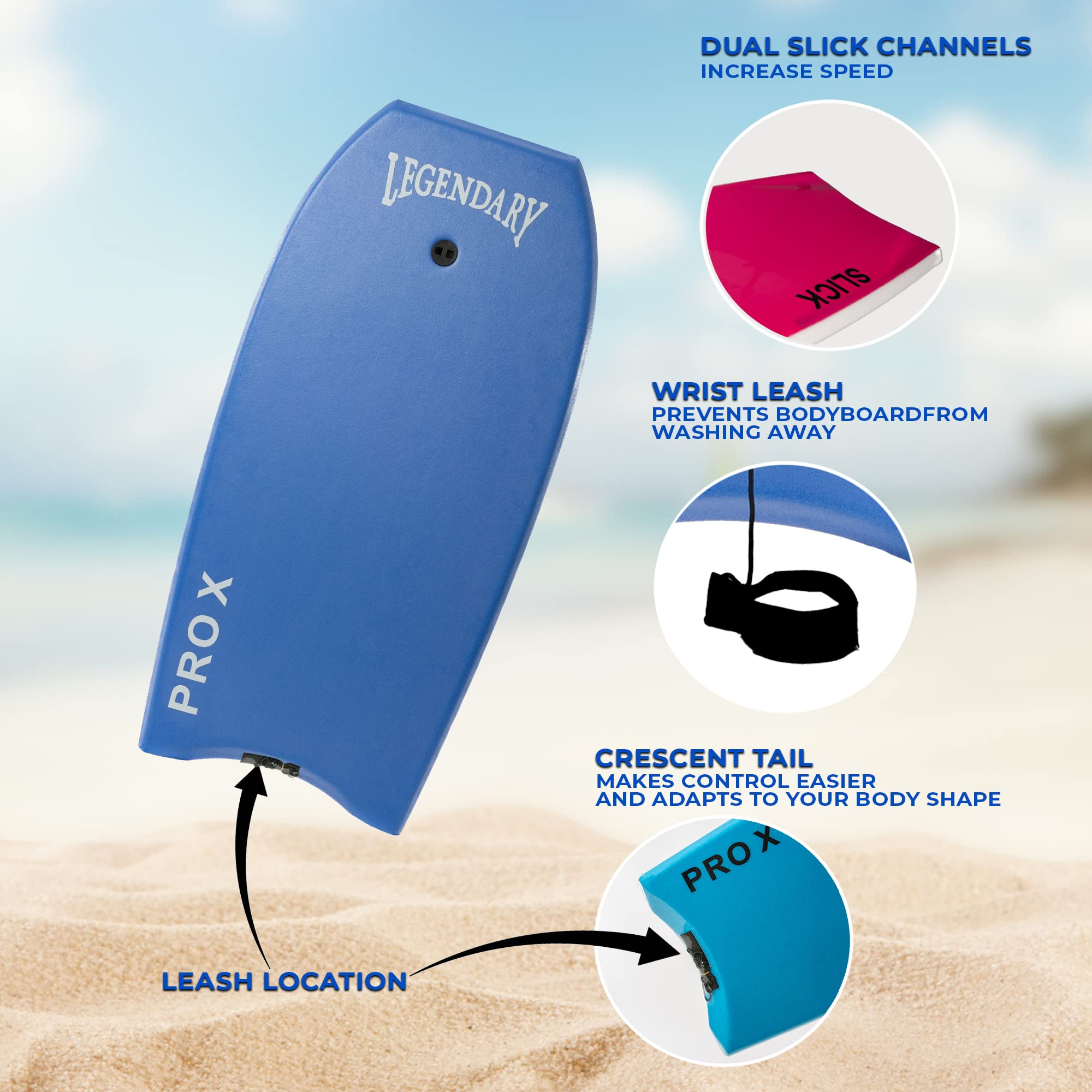 Legendary Pro X Bodyboard - Premium Hard Slick Bottom Boogie Board for Kids & Adults - Durable EPS Core with Heat Sealed Construction - Includes Leash - Perfect for Beach Waves, Surfing, and Water Sports