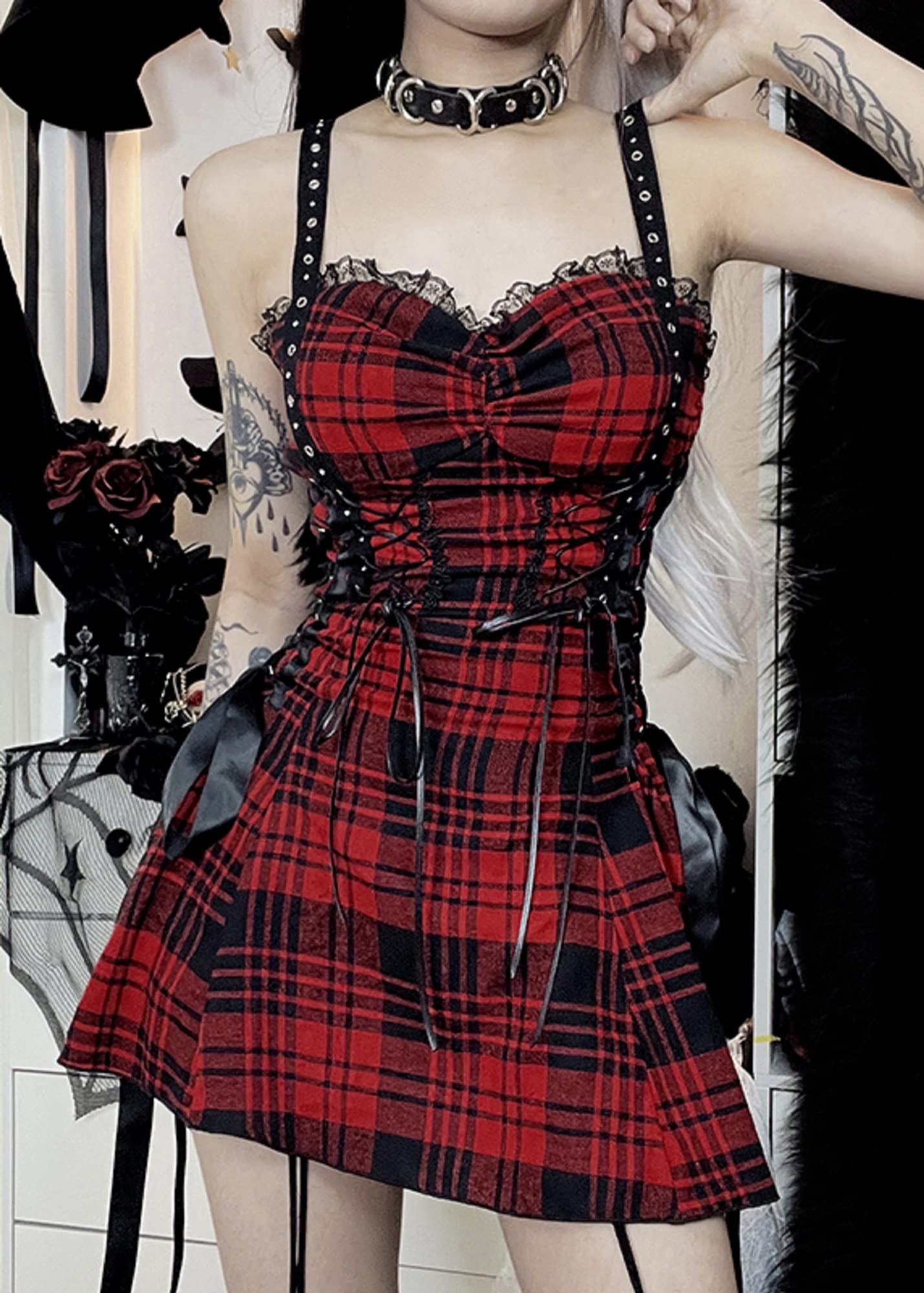 Halloween Gothic Red Plaid One Shoulder Prom Dress with Eyelet Lace - Sexy Strapless Slip Dress for Costume Party & Cosplay