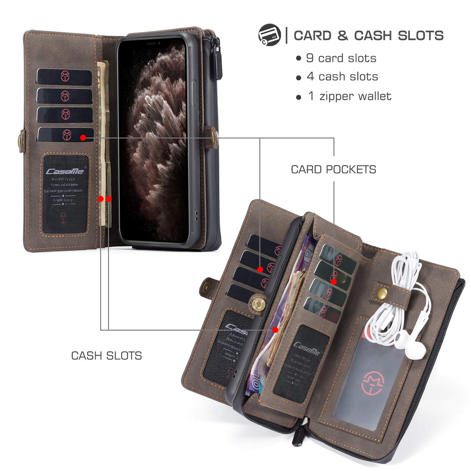 Premium Leather Wallet Case for iPhone 12 6.1 inch - Detachable Magnetic Flip Cover with Zipper, 11 Card Slots & Wrist Strap | Shockproof Protective Phone Handbag (Coffee) - Perfect for Travel, Shopping & Daily Use