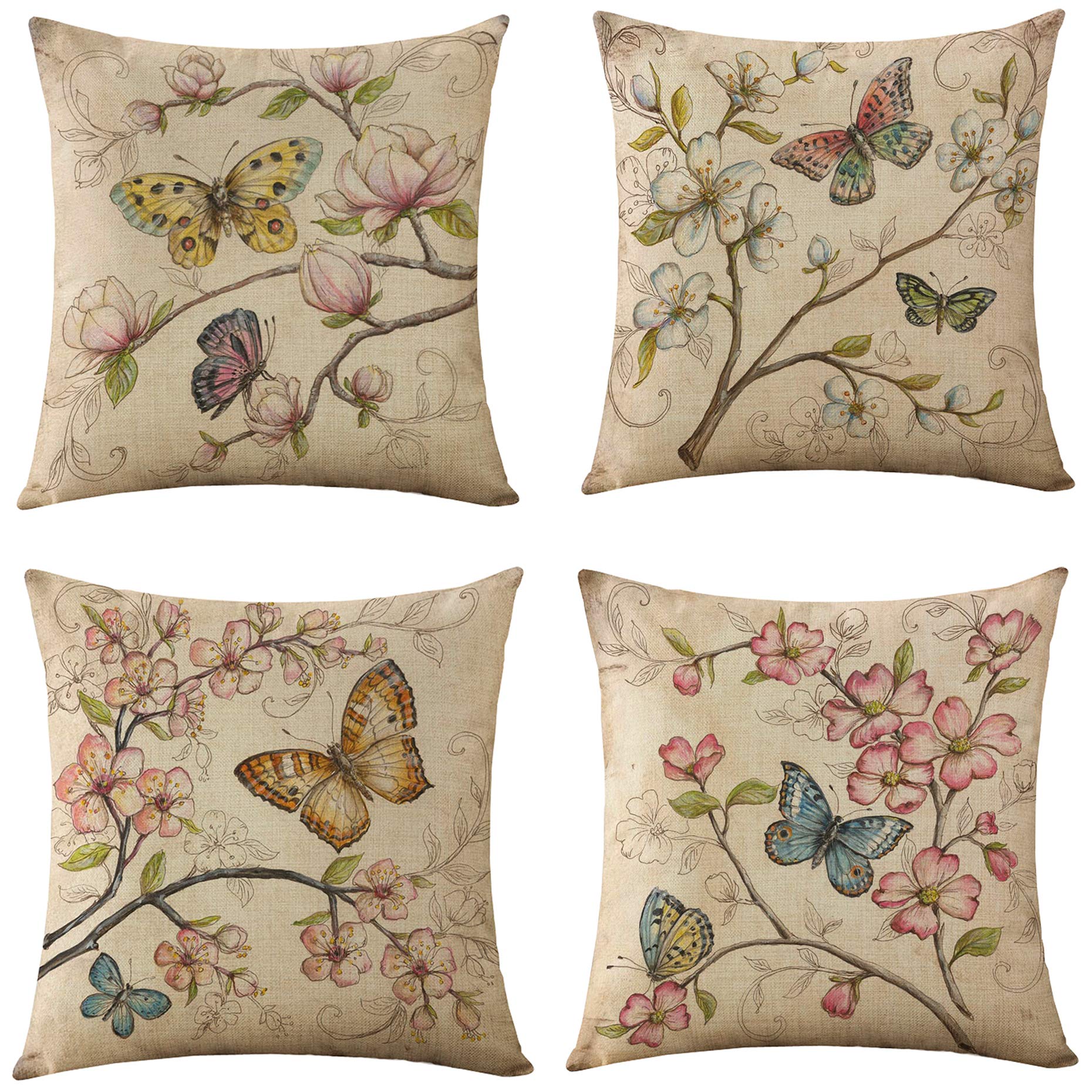 WOMHOPE Decorative Throw Pillow Covers 18x18 Inch Set of 4 - Spring Floral Bird Butterfly Design Burlap Cushion Cases for Sofa, Living Room & Bedroom Decor - Perfect for Home Styling and Seasonal Refresh