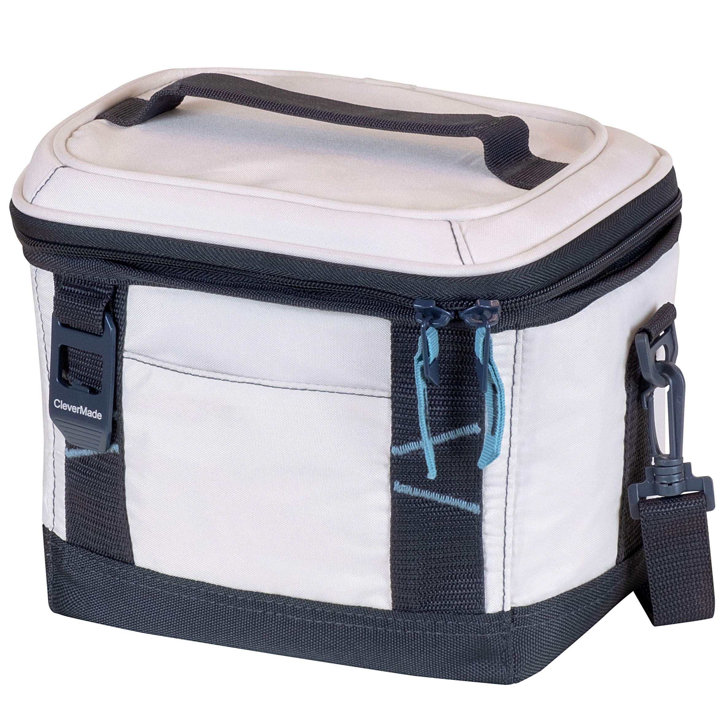 CleverMade Collapsible Soft Cooler Bag Tote - Insulated 6 Can Leakproof Small Cooler Box with Bottle Opener and Shoulder Strap for Lunch, Beach, Picnic, Camping, and Outdoor Adventures - Cream