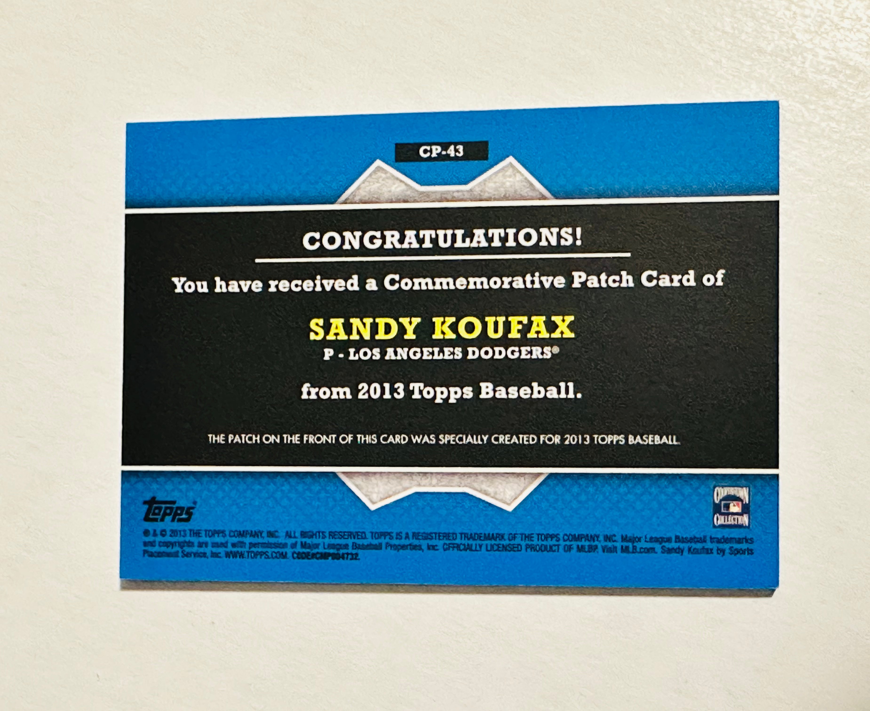 Rare Sandy Koufax Los Angeles Dodgers Commemorative Patch Baseball Insert Card - Perfect for Collectors, Sports Memorabilia & Gift Ideas