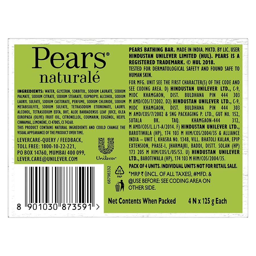 Pears Naturalé Aloe Vera Detoxifying Soap Bar - 125g (4 Pack) - Gentle Cleansing for Sensitive Skin, Acne & Body Care - Perfect for Daily Use, Travel & Gym