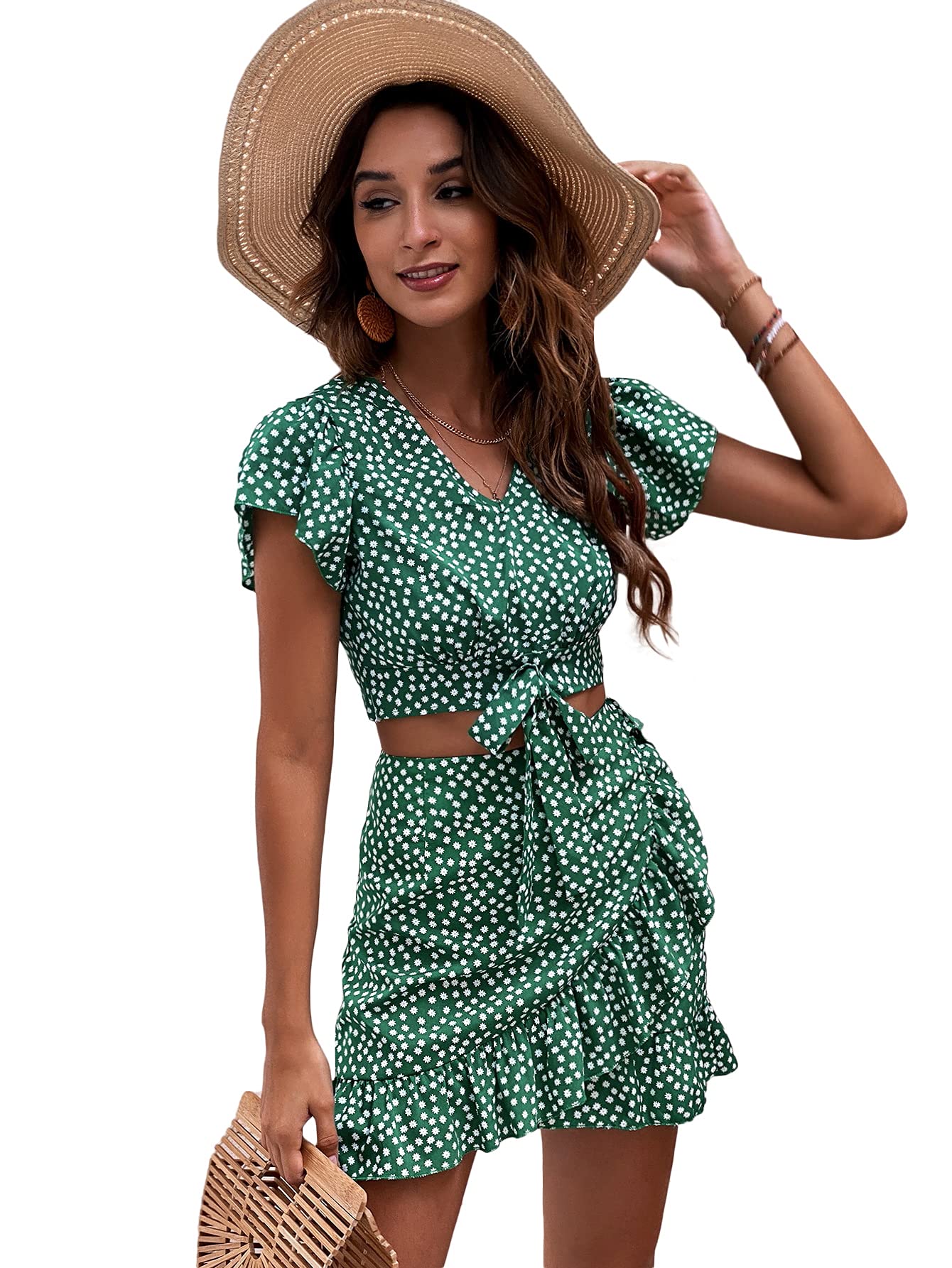 Women's Floral Ruffle Trim Two Piece Outfit - Crop Top and Wrap Skirt Set for Summer, Beach, Vacation & Date Night | Trendy Matching Outfits for Women