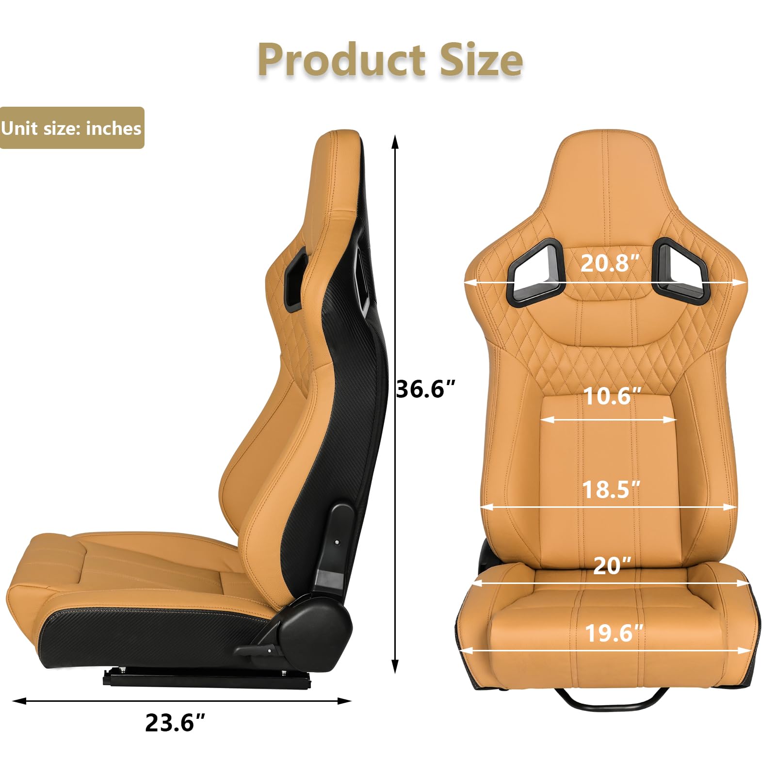 2 Pcs Adjustable Universal Racing Seats with Double Sliders - PVC Leather Reclinable Bucket Seats for Cars, Trucks & SUVs (Beige with Beige Stitching, 23.2