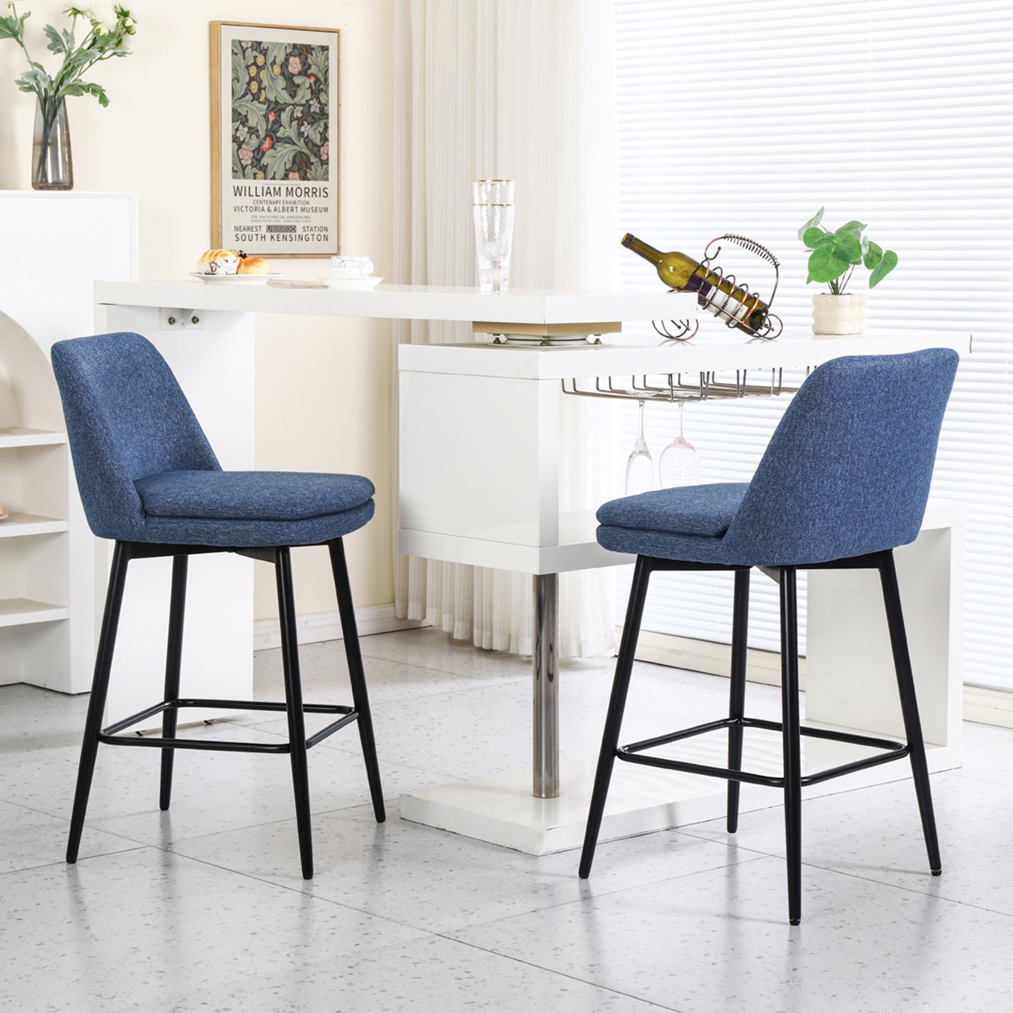 360° Swivel Counter Height Bar Stools Set of 2 - Upholstered with Back Support & Sturdy Metal Legs, 25.6
