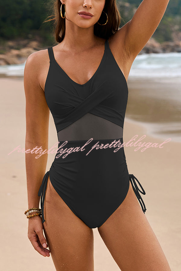 Solid Color Drawstring Waist Mesh One Piece Swimsuit for Women - Comfortable Bathing Suit for Beach, Pool & Summer Vacation