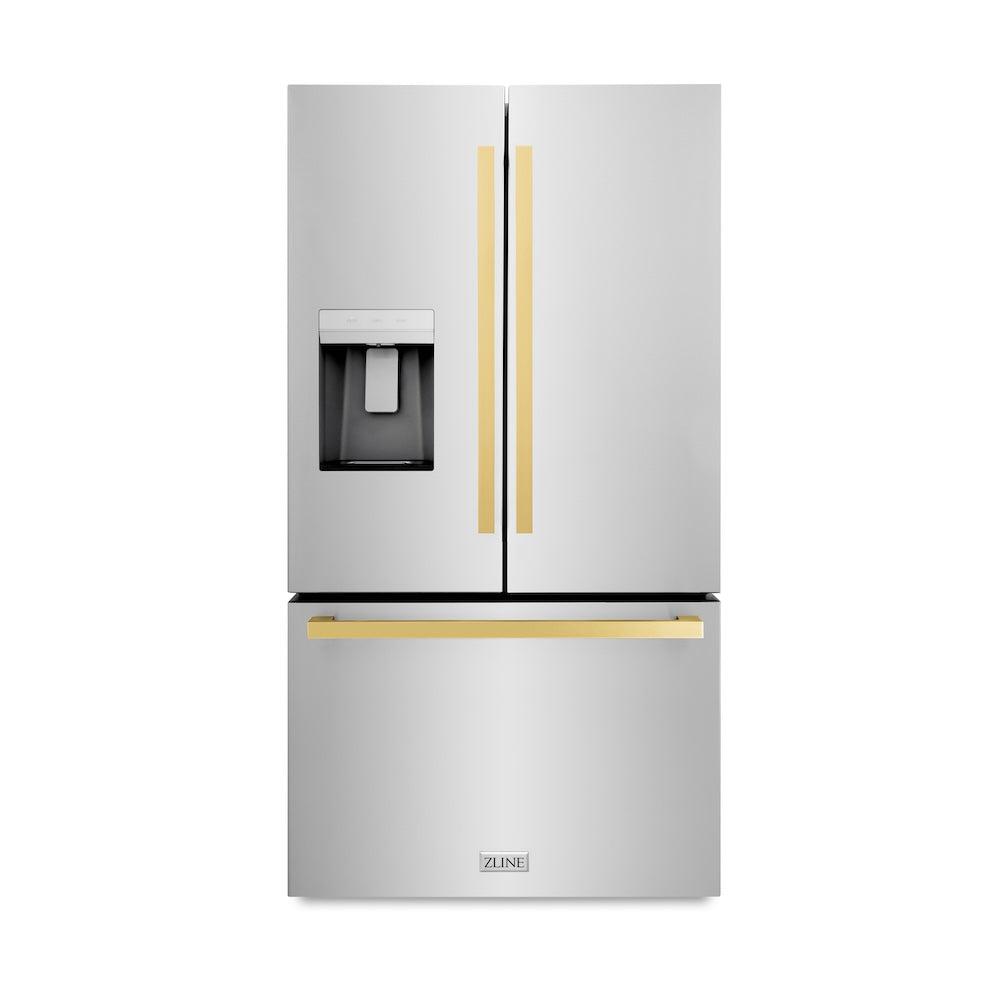 ZLINE Autograph Edition 36 Inch French Door Refrigerator with External Water Dispenser - 28.9 cu. ft. Capacity, Dual Ice Maker, Fingerprint Resistant Stainless Steel & Polished Gold Handles (RSMZ W 36 FG) - Perfect for Modern Kitchens, Entertaining & Large Family Homes
