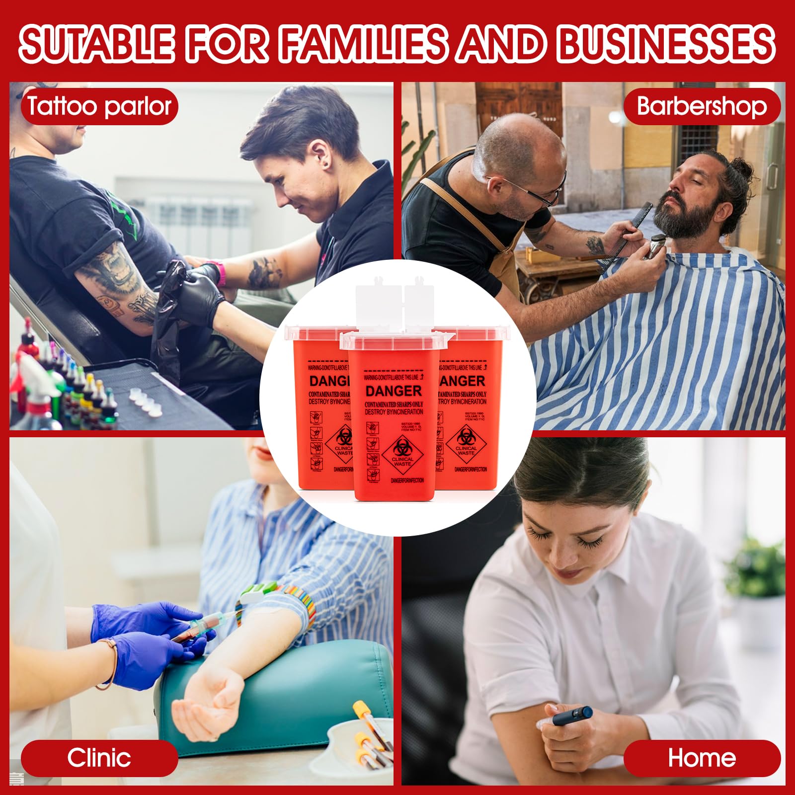3-Pack 3-Quart Sharps Containers for Home & Travel - Safe Needle Disposal, Biohazard Waste Bins, Portable Syringe Disposal Container - Ideal for Diabetic Supplies, Medical Waste & Healthcare Professionals