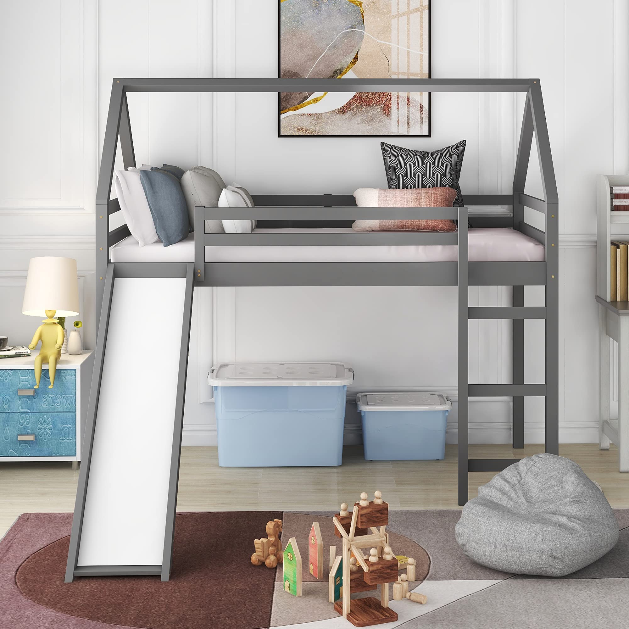 Merax Twin Size Wooden Loft Bed with Slide, Roof & Ladder - Kids Playhouse Bed Frame, No Box Spring Needed, Grey - Perfect for Small Bedrooms & Playrooms