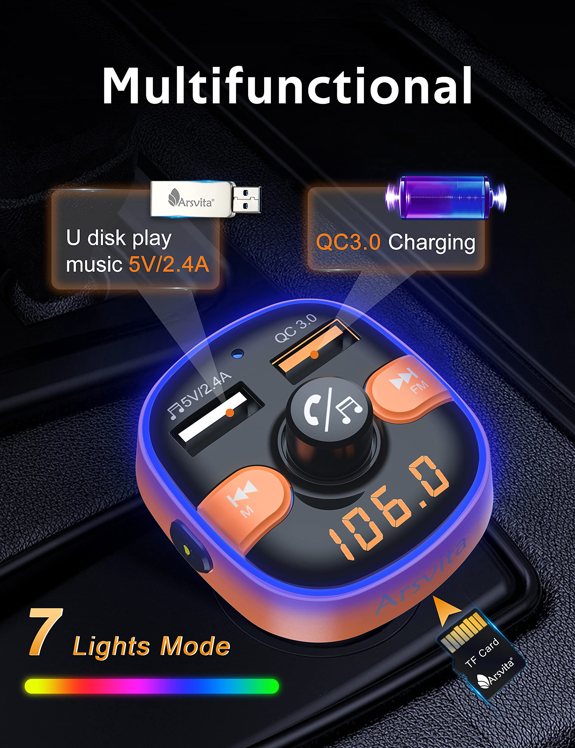 Upgraded Arsvita Bluetooth FM Transmitter - QC3.0 Fast Charger & Hi-Fi Sound for Car Audio & Hands-Free Calling (Orange)