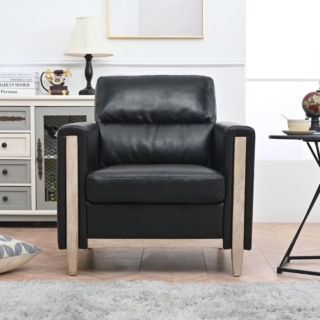 Modern Upholstered Armchair - Mid Century Single Seater Sofa with PU Leather - Comfortable Accent Chair for Living Room, Bedroom, Apartment & Office - Perfect for Small Spaces, Reading & Relaxing - Black PU Leather Lounge Chair