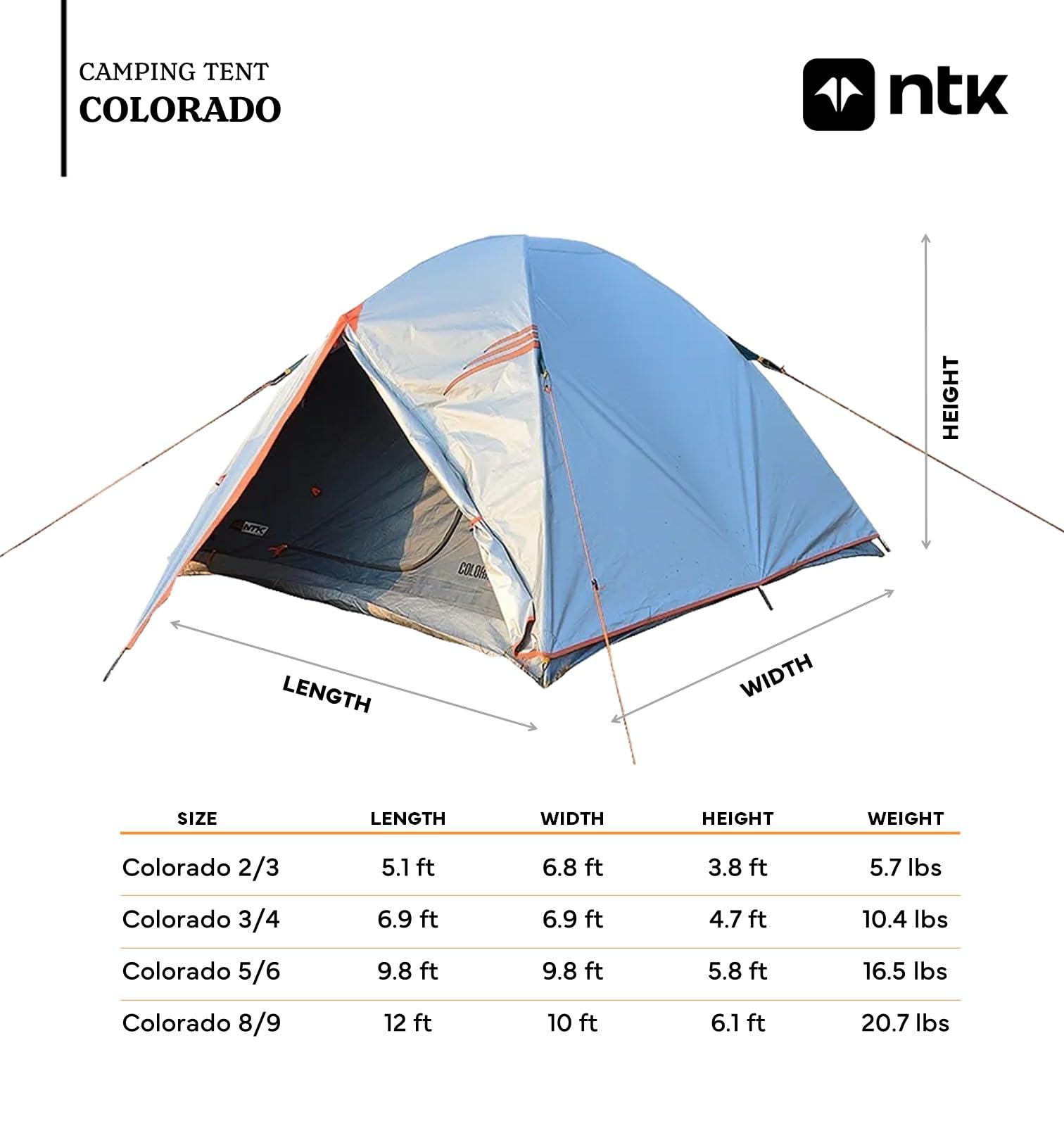 NTK Colorado GT 2/4/6/8 Person Waterproof Camping Tent - Lightweight, Easy Setup, Durable Outdoor Dome Tent with Full Coverage Rainfly & Micro Mosquito Mesh for Family, Backpacking, Hiking Adventures