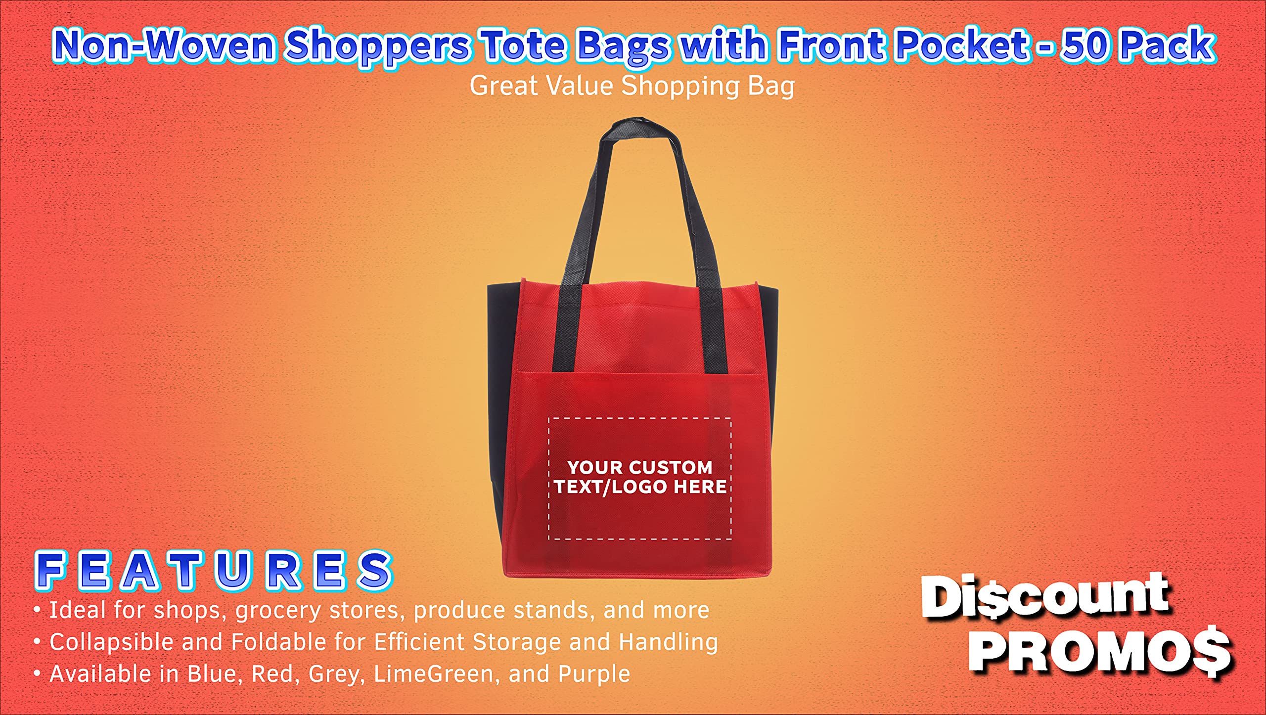 50 Pack Customizable Non-Woven Reusable Tote Bags with Front Pocket - Eco-Friendly Shopping Bags for Grocery, Beach, Promotions & Events (Red, Two Tone, 13
