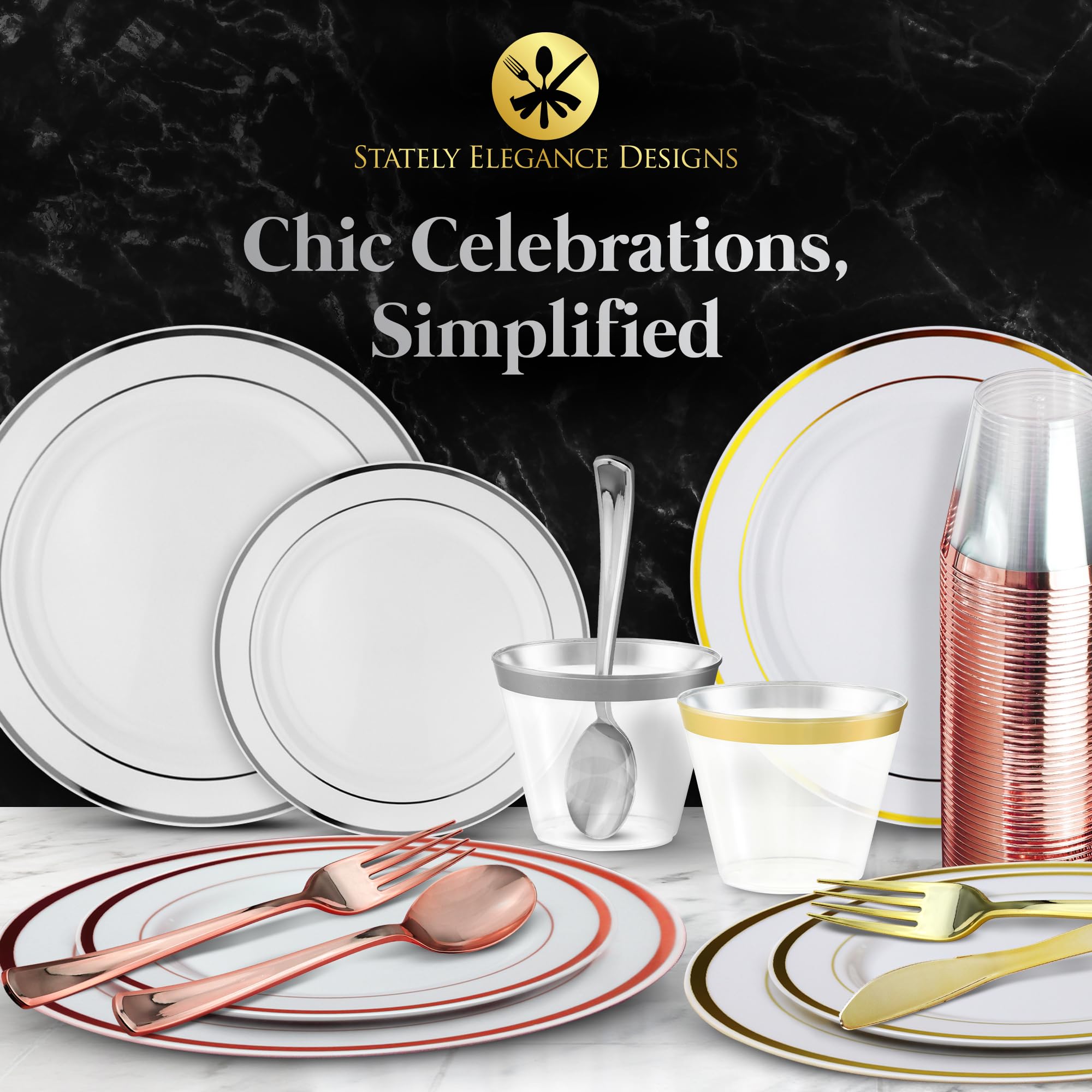 Premium 600-Piece Silver Dinnerware Set - 200 White & Silver Plastic Plates, 300 Silver Plastic Cutlery, 100 Silver Plastic Cups - Elegant Disposable Tableware for Weddings, Parties & Events (Serves 100 Guests) - Perfect for Bridal Showers, Banquets & Catering Services