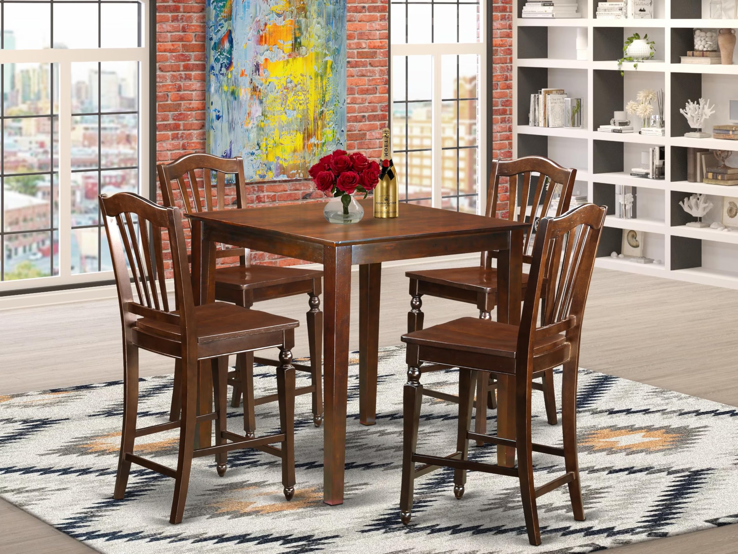 East West Furniture 5-Piece Counter Height Dining Set - 36x36 Inch Square Kitchen Table with 4 Chairs, Mahogany Finish - Perfect for Small Spaces, Breakfast Nooks & Modern Apartments