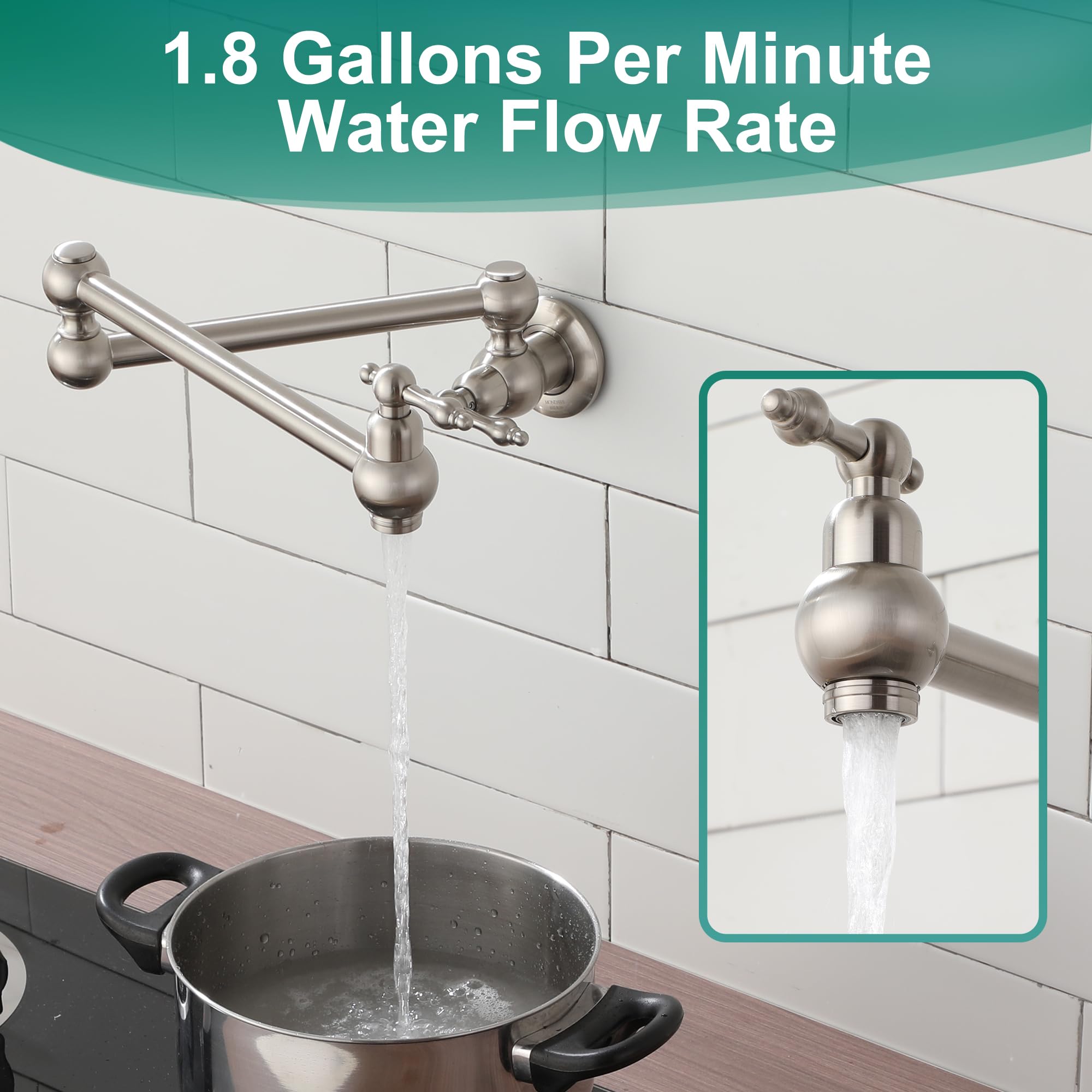 MONDAWE Brushed Nickel Wall Mount Pot Filler Faucet - Double Handle Brass Folding Pasta Faucet with 360° Rotation & 1.8 GPM Flow - Perfect for Kitchen Stove, Cooking Pasta, Filling Large Pots & Soup Making