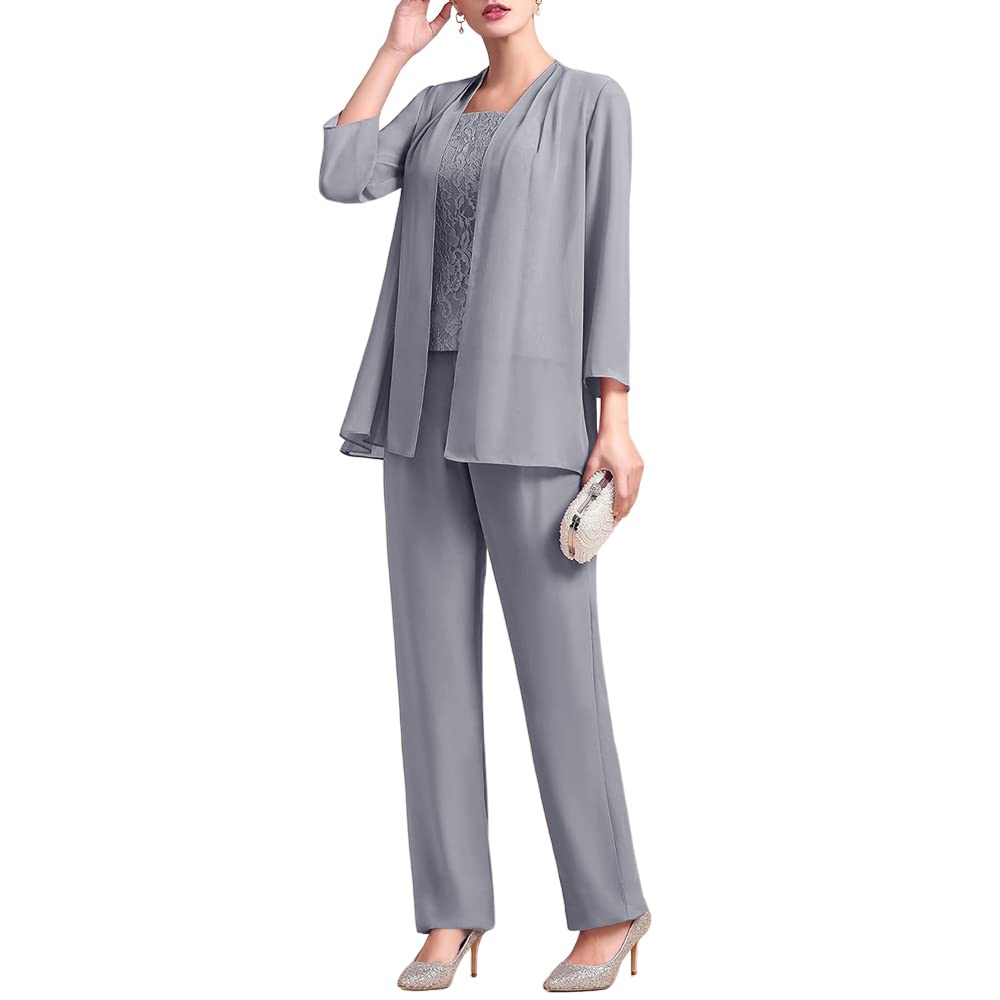 Zongqiven Women's 3-Piece Chiffon Pantsuit Set with Lace Detail - Elegant Mother of the Bride Dress for Weddings, Formal Events & Evening Occasions