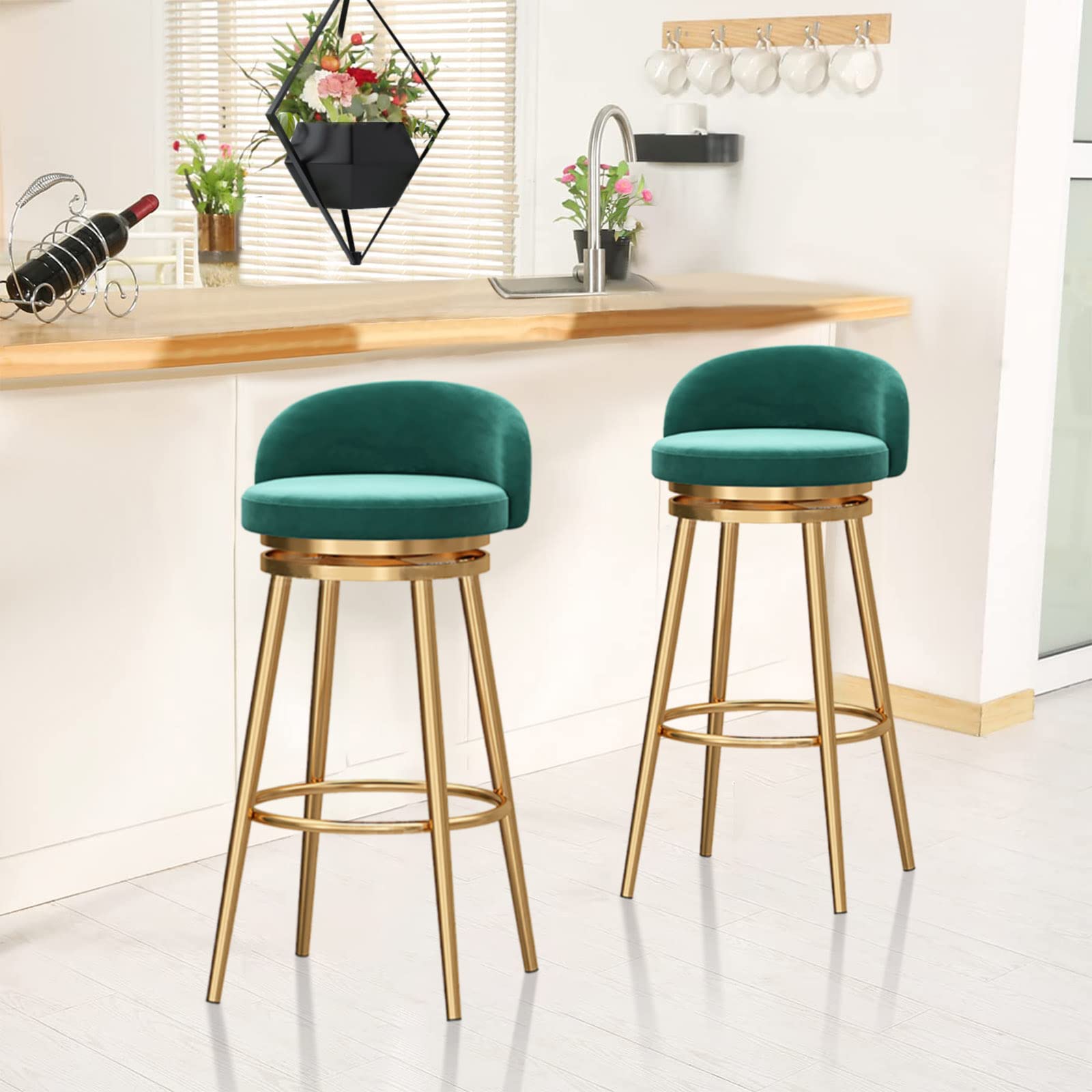 Swivel Bar Stools Set of 3 - Velvet Kitchen Island Chairs with Gold Metal Footrest, 150kg Weight Capacity - Perfect for Kitchen Counter, Breakfast Bar & Home Decor