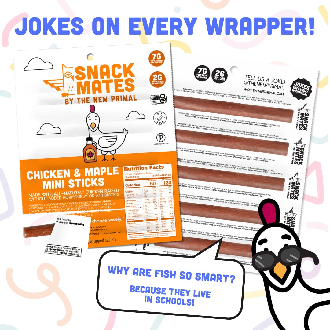 The New Primal Snack Mates Chicken & Maple Sticks – Gluten Free, Low Sugar, High Protein (7g) Healthy Kids Snacks – 50 Calorie Mini Paleo Jerky Meat Sticks (40 Pack) – Perfect for School Lunches, After-School Snacks & On-The-Go Nutrition