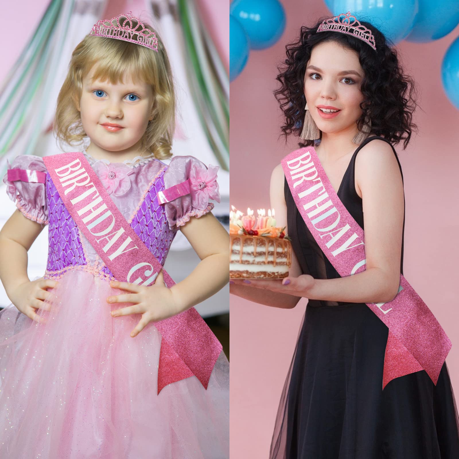 CIEHER Pink Birthday Crown and Sash Set for Women - Elegant Birthday Party Decorations, Princess Tiara & 