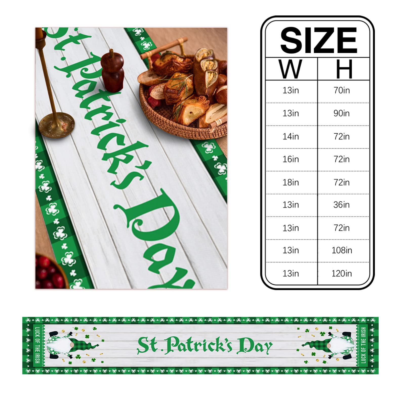 90 Inch Green Plaid Cotton Linen Table Runner with Shamrock Wood Grain Texture - St. Patrick's Day, Wedding & Party Dining Table Decor for Kitchen, Dining Room & Holiday Celebrations