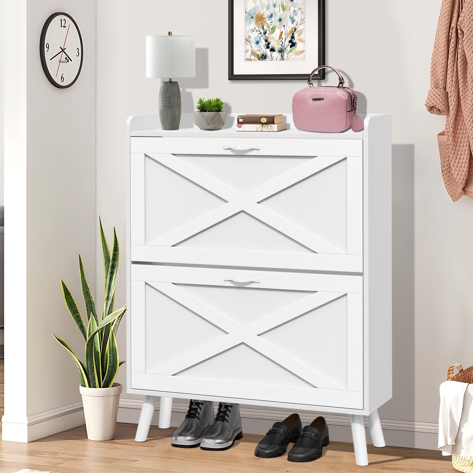 SUNCROWN Freestanding Shoe Storage Cabinet with 2 Flip Drawers - White Narrow Entryway Organizer with Wooden Legs - Perfect for Small Spaces, Closet & Bedroom Organization
