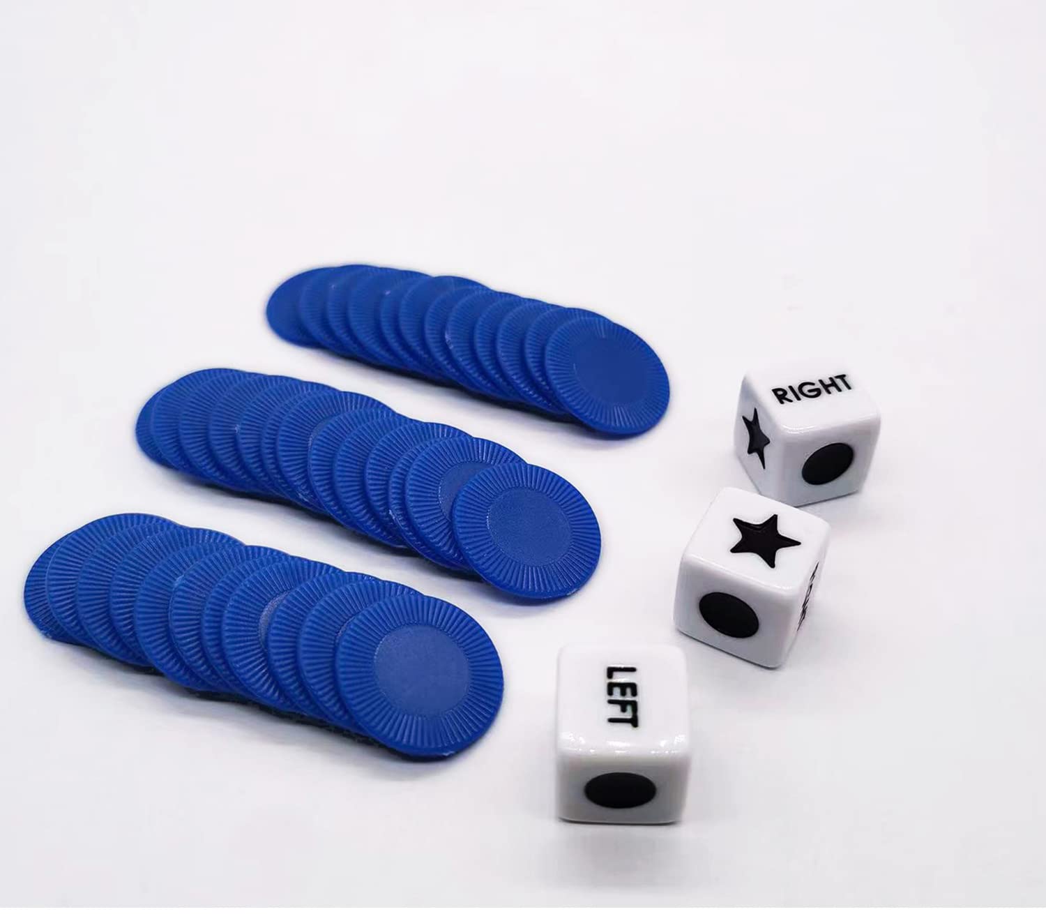 Right Left Center Dice Game Set with 3 Dice & 36 Chips - Blue | Fun Family Party Game for Adults & Kids | Perfect for Game Nights, Camping & Travel