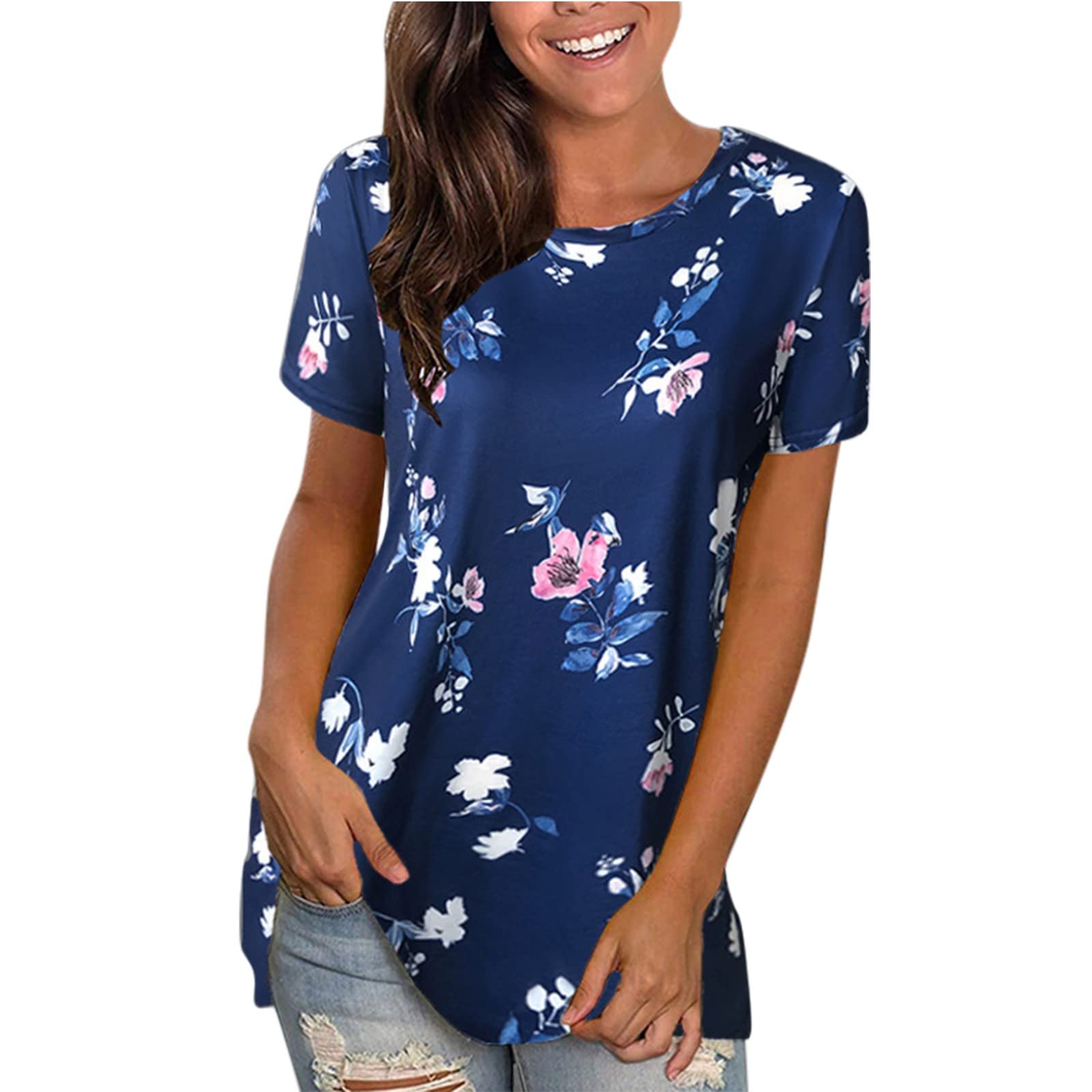 Littleice Women's Summer Short Sleeve Crew Neck Floral Printed T-Shirt - Casual Blouse Top for Beach, Vacation & Everyday Wear