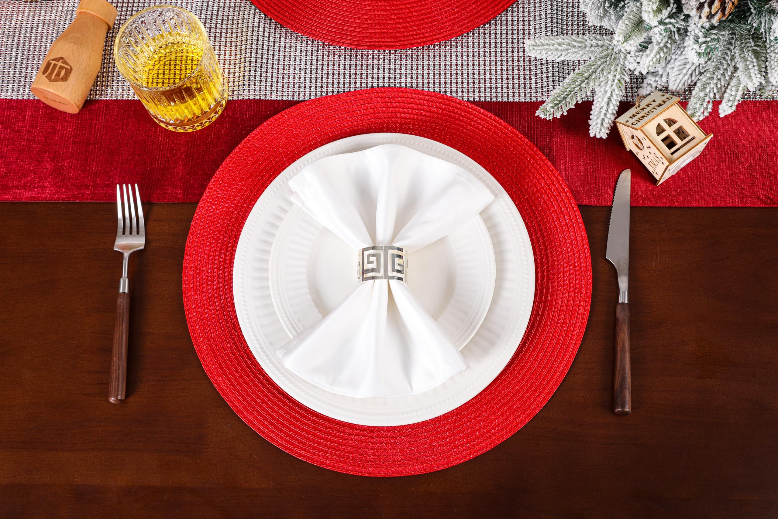 6-Pack Round Woven Placemats for Dining Table - 15 Inch Red Decorative Placemats for Fall & Christmas Decor - Perfect for Holiday Dinners, Thanksgiving, and Seasonal Table Settings