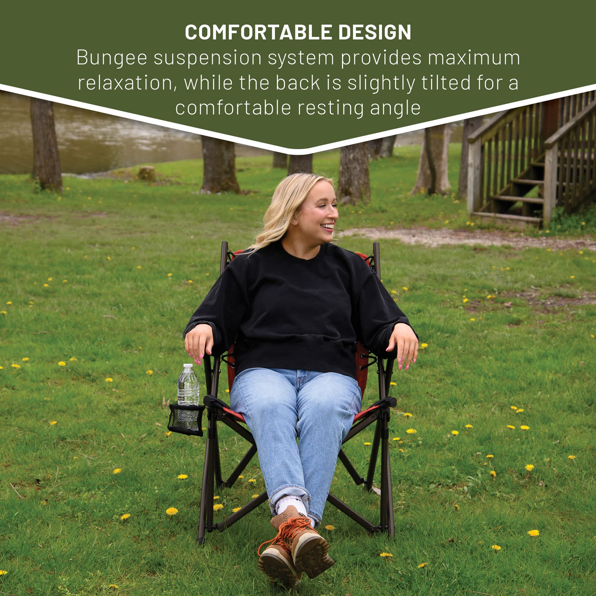 TIMBER RIDGE Heavy Duty Folding Camping Chair for Adults - 300 lbs Weight Capacity, Padded Seat with Armrests & Cup Holder, Portable Collapsible Outdoor Chair for Camping, Beach, Fishing, Picnics, Backyard, Lawn & Tailgating - Red