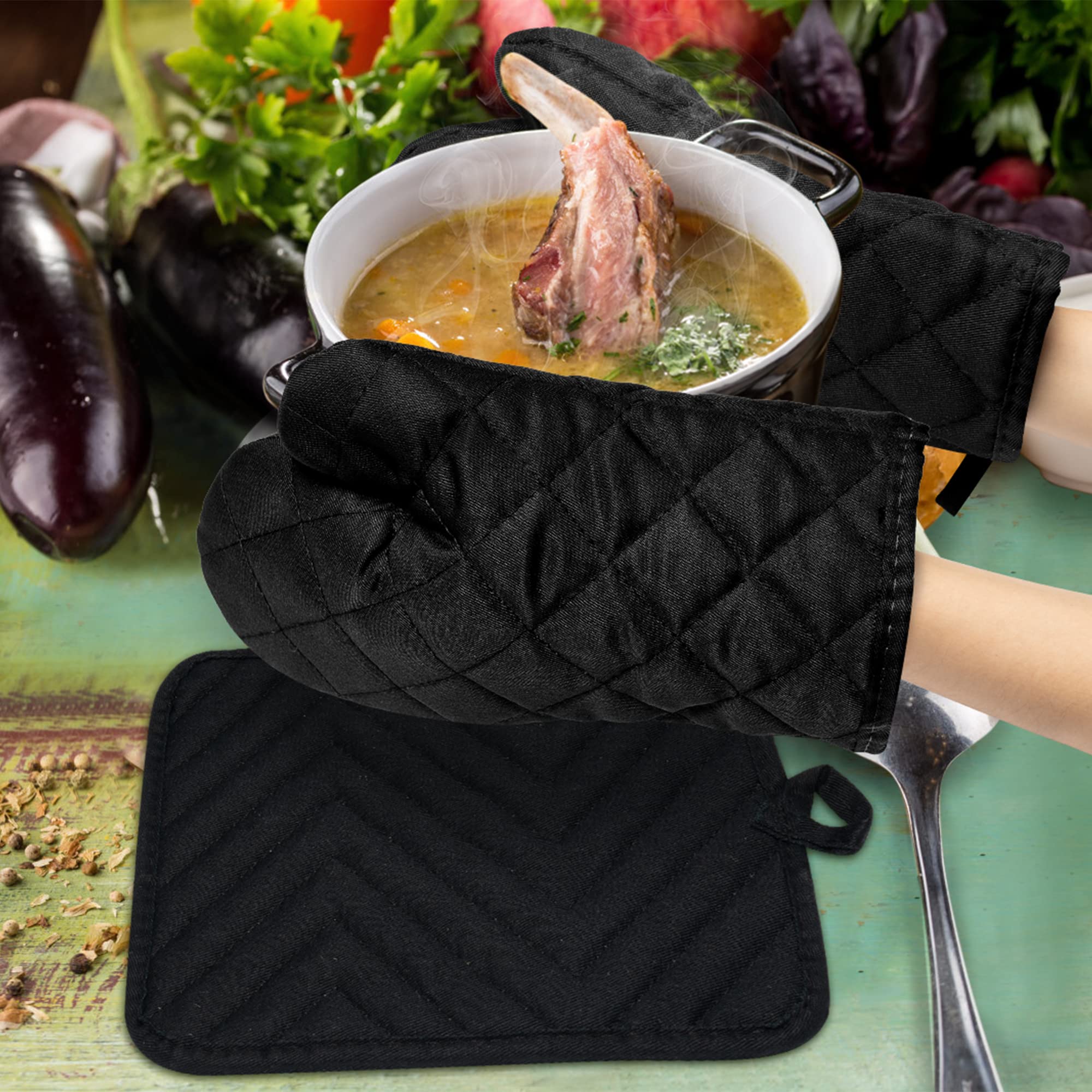R HORSE 4-Piece Heat Resistant Oven Mitts Set with Cotton Lining - Black Kitchen Pot Holders, Cooking Gloves with Pockets & Hanging Loops - Perfect for Baking, Grilling, Roasting & Everyday Kitchen Use